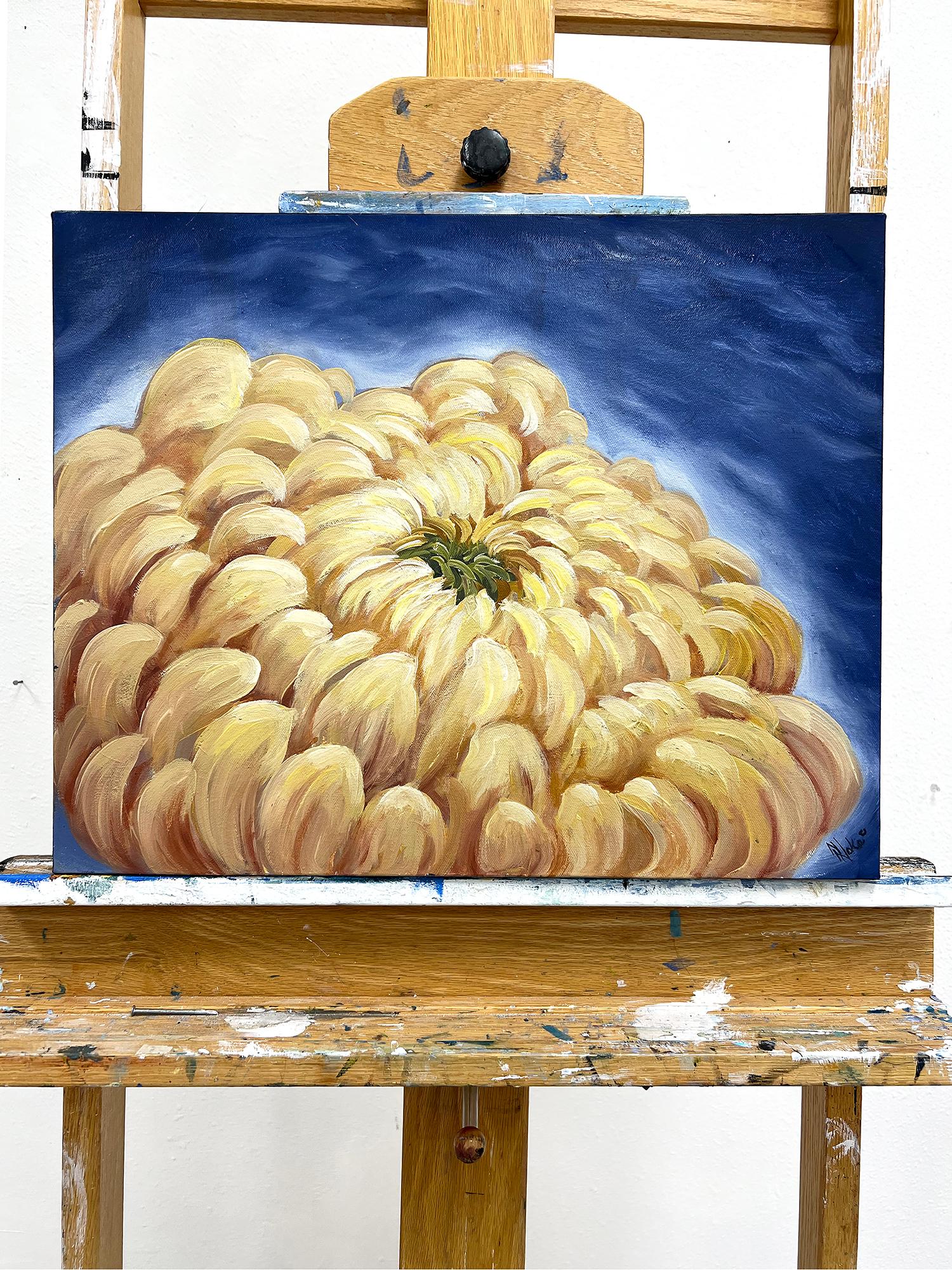 <p>Artist Comments<br>Artist Pamela Hoke captures a close-up view of a beautiful yellow chrysanthemum. A unique autumnal blossom from a friend's farm. To capture the shimmering hues, Pamela paints subtle metallic gold from her natural earth