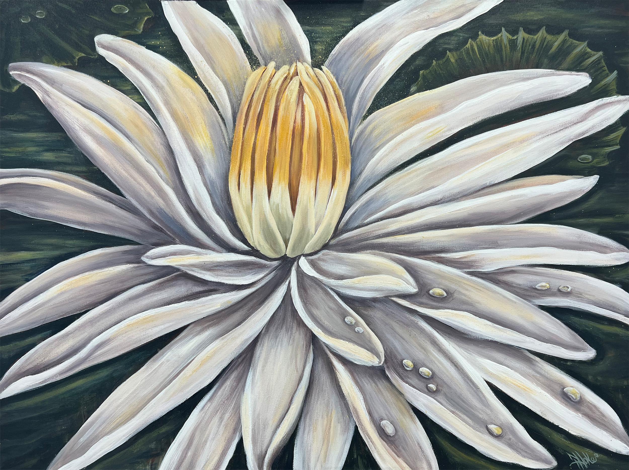 Pamela Hoke Still-Life Painting - White Lotus, Resilience, Original Painting