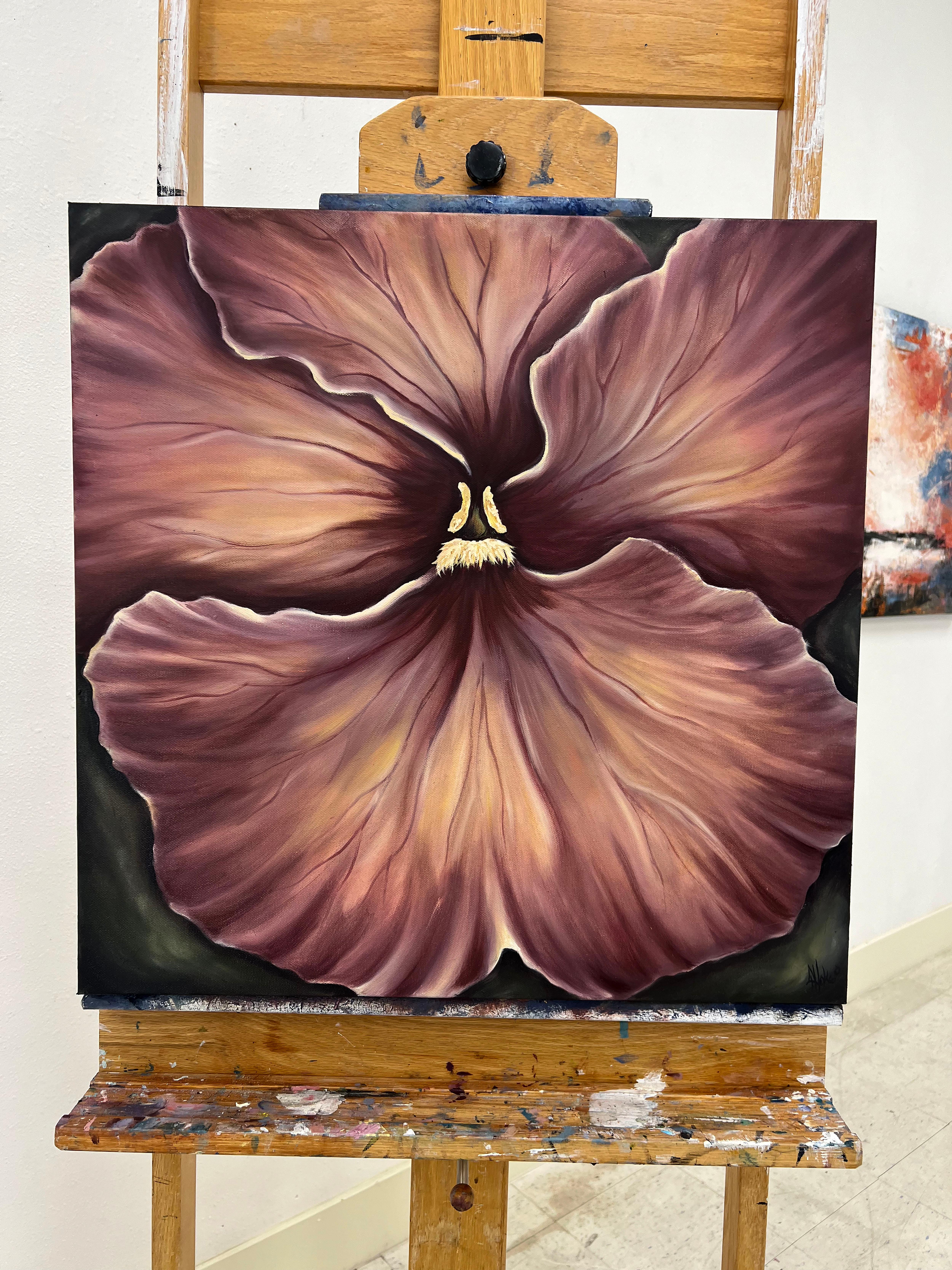 <p>Artist Comments<br>A pansy opens up, luring the viewer's gaze towards its center. Against the dark background, the deep mauve tones of the flower stand out, highlighting its delicate markings and curves. Artist Pamela Hoke paints the same subject