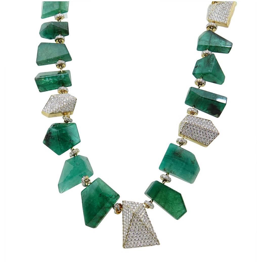 Pamela Huizenga 343.80 Carat Faceted Emerald Nugget Bead Necklace For Sale