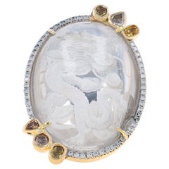 Pamela Huizenga Rock Crystal Dia Chinese Dragon Ring Yellow Gold 18k Halo1.28ctw