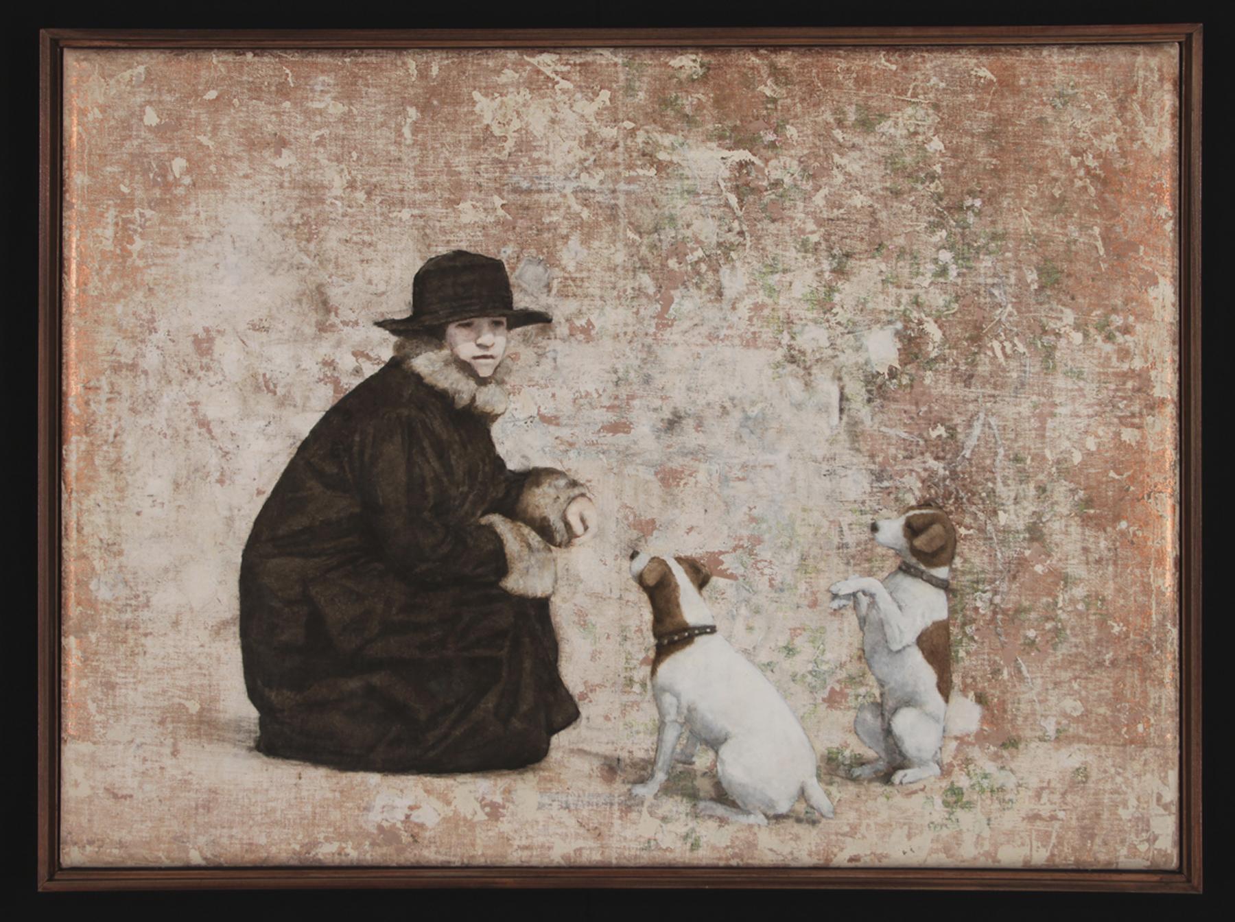 Pamela Murphy Figurative Painting - BEGGAR'S CLUB II - nostalgic painting with dogs