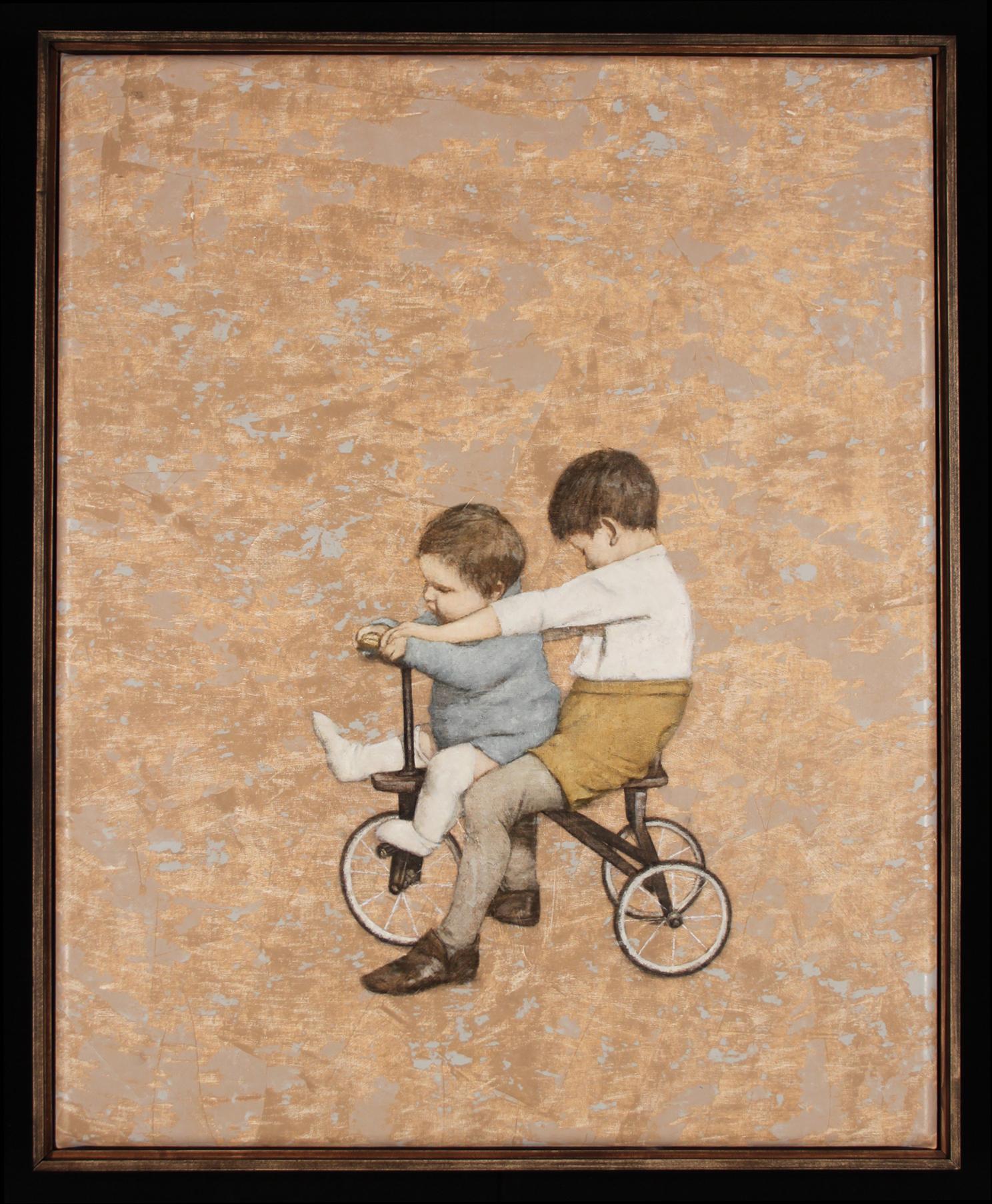 Pamela Murphy Figurative Painting - COPILOT -  nostalgic painting of children on tricycle