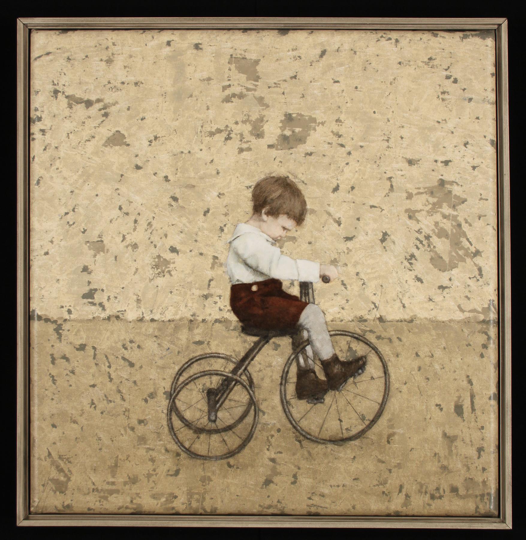 Pamela Murphy Figurative Painting - MOMENTUM- nostalgic painting of child on tricycle