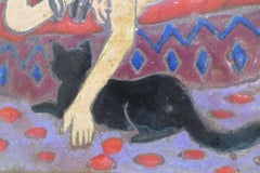 Original Mid Century English Ceramic Tile & Paint FEMALE NUDE & BLACK CAT