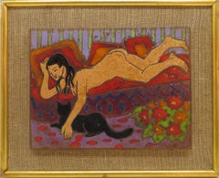 Cerámica original inglesa de mediados de siglo FEMENINA NUDA Y GATO NEGRO