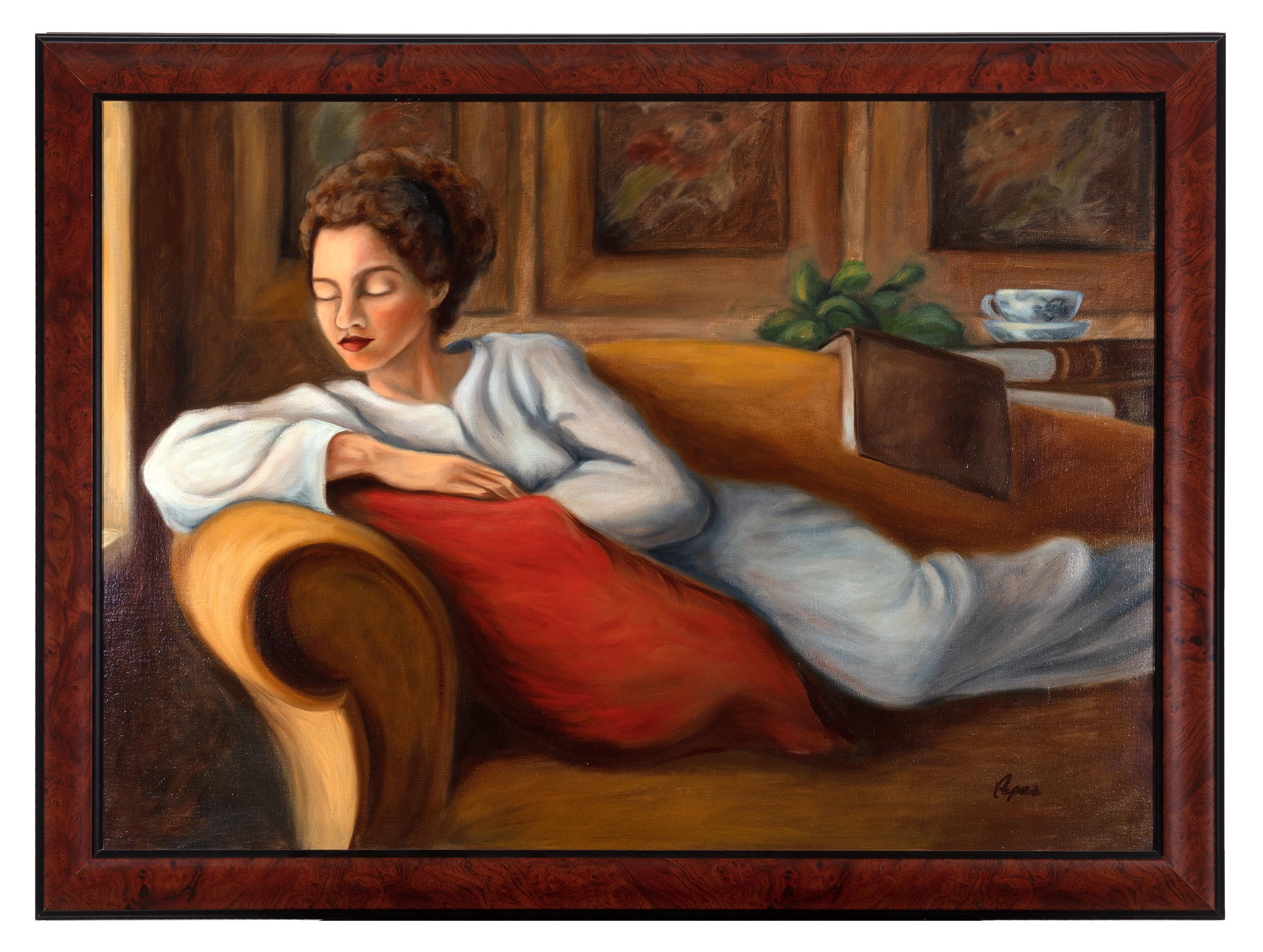 Pamela Papas Figurative Painting - "A Quiet Moment, " Oil on Canvas Portrait