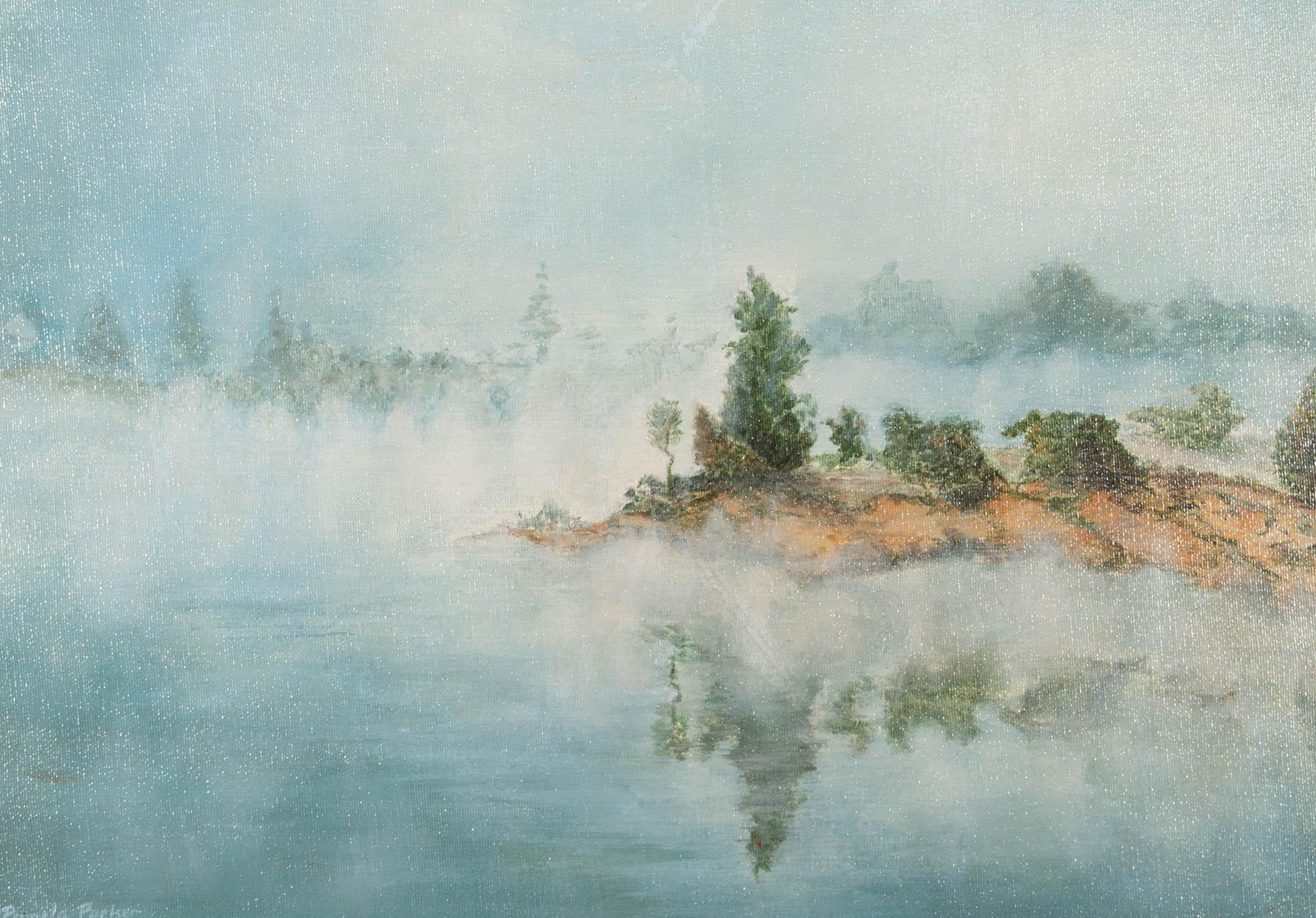 A misty landscape scene in oil by Pamela Parker. Signed to the lower left-hand corner. Presented in a distressed, off-white wooden frame, with an inner gilt detail, as shown. On canvas on stretchers.
