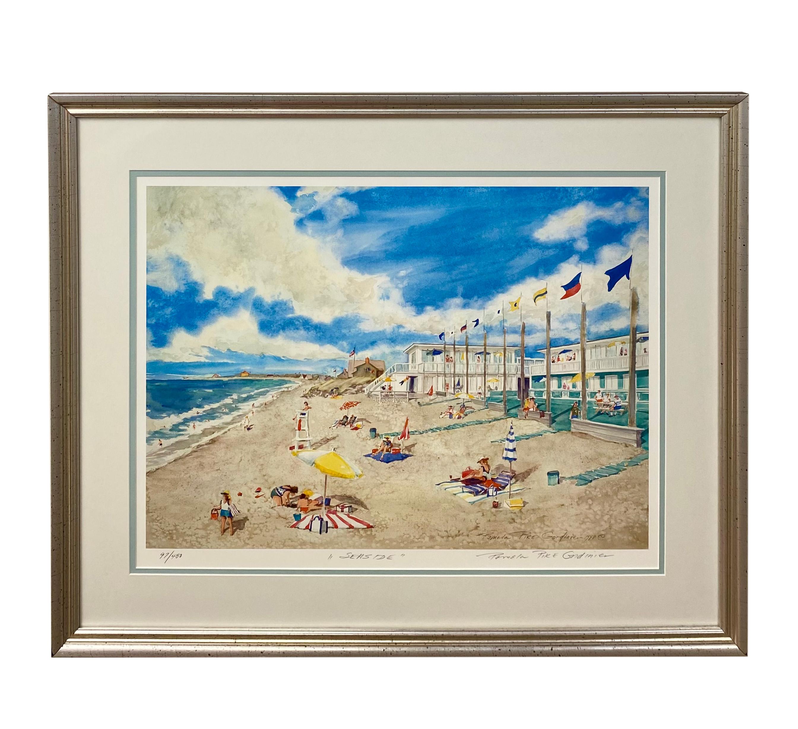 Une estampe impressionniste contemporaine intitulée " Sea Side " de Pamela Pike Gordinier (américaine) numérotée 97 sur 450 et datée de 1988. L'estampe représente une scène estivale de plage montrant des personnes profitant du bord de mer. Le tirage
