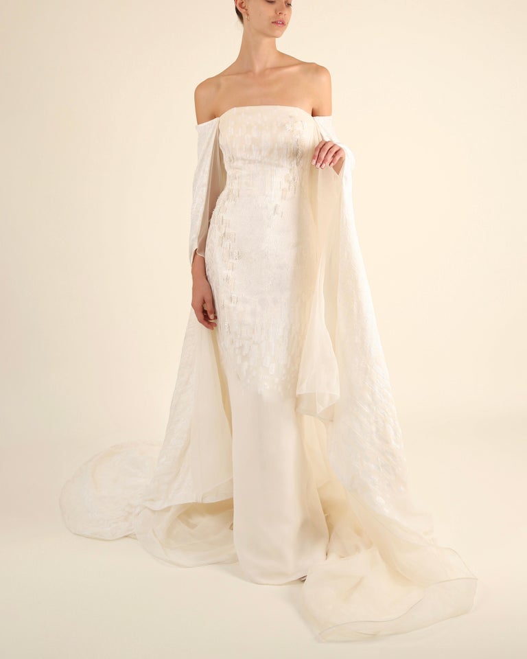 Pamella Roland 15 Strapless Silk Ivory Cream Jacquard Cape Layered Gown Dress 6