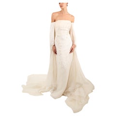 Pamela Roland 15 strapless silk ivory cream jacquard cape layered gown dress US6