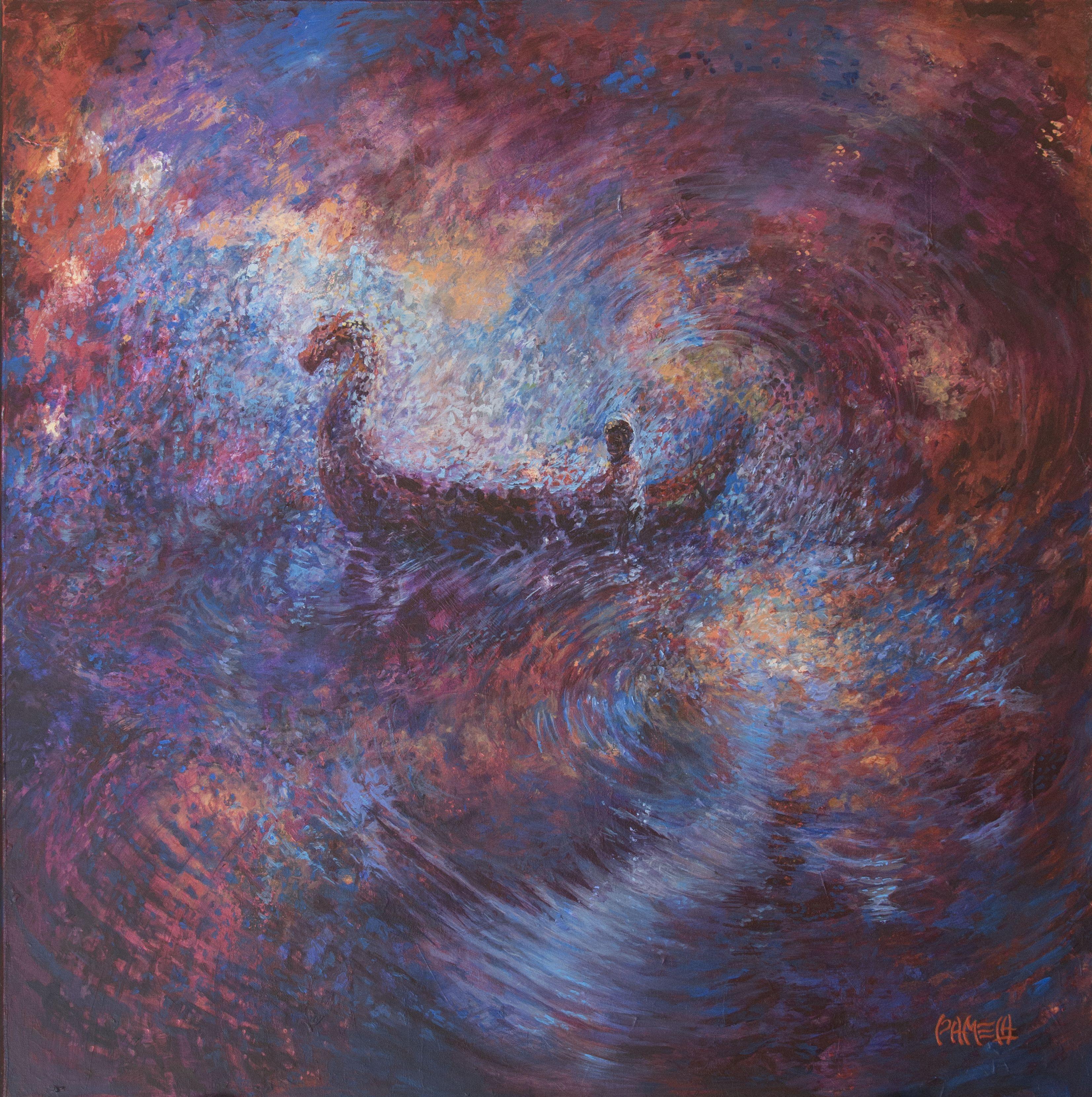 OBADIA CROSSING THE RIVER STYX, by Pamela Boullier Ross, speaks to the artist's intuitive and metaphysical approach to a canvas in this distinctly one-of-a-kind original masterpiece.   "Intuitive Painting is painting with great trust in a level of