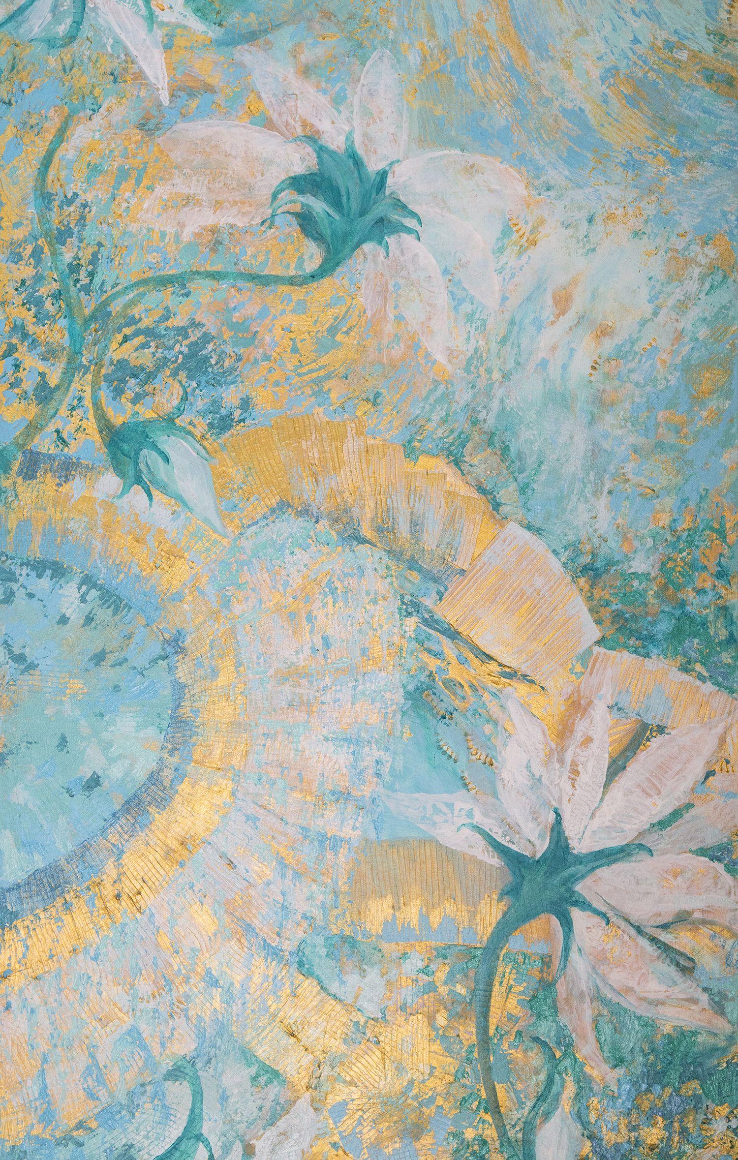 Tahitian Sunrise is full of uplifting energy that will permeate any interior with a feeling of joy. A beautiful mix of Turquoise, variations of Blues and Greens, and Gold Metallic makes this painting a one-of-a-kind experience you will want to