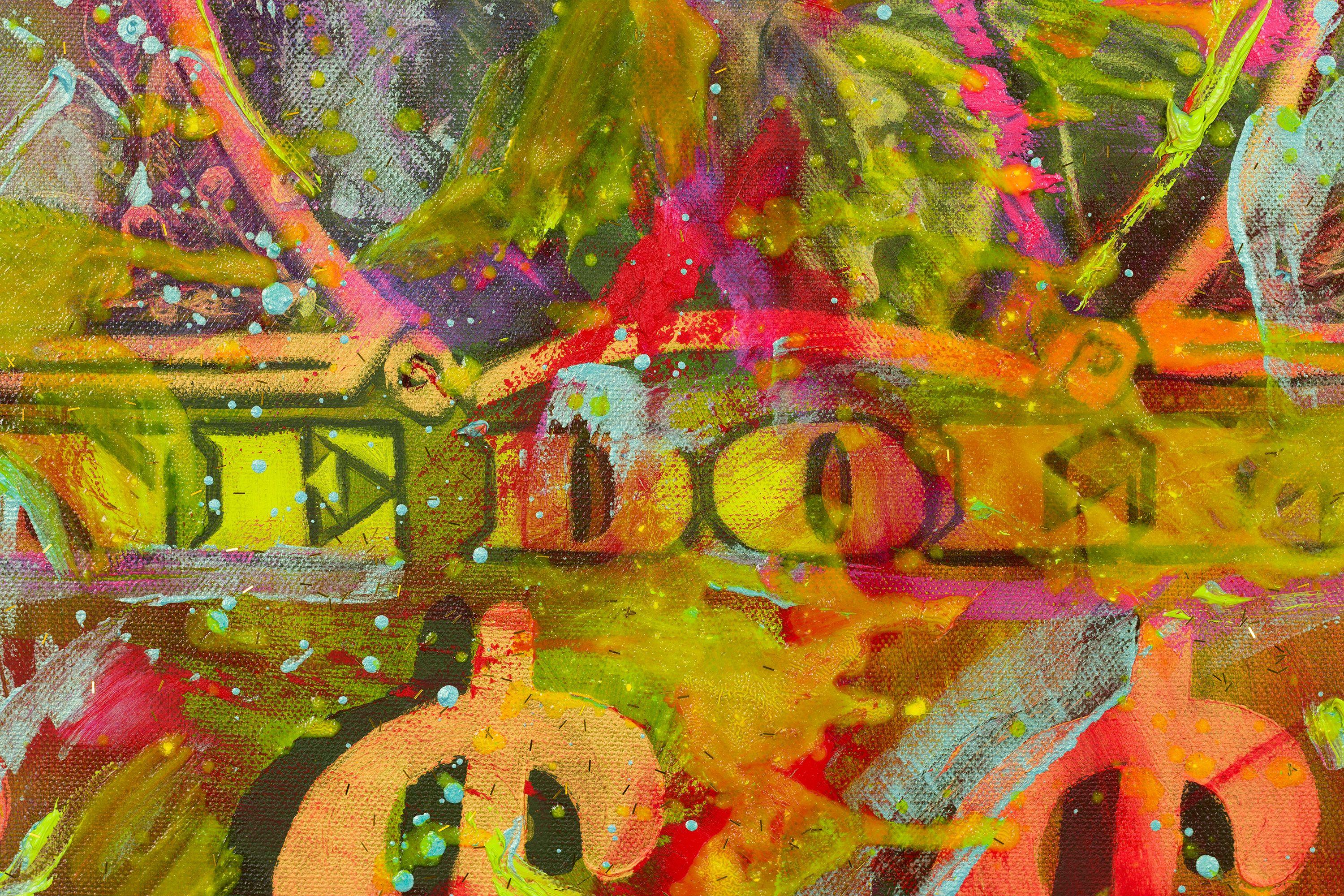 Si tratta di un dipinto originale a olio e spray su tela di cotone.  Esiste solo un'opera d'arte di questo tipo in tutto il mondo.  Questo quadro è verniciato con vernice satinata.  Questa opera d'arte è firmata e datata sul fronte e sul retro.  Il