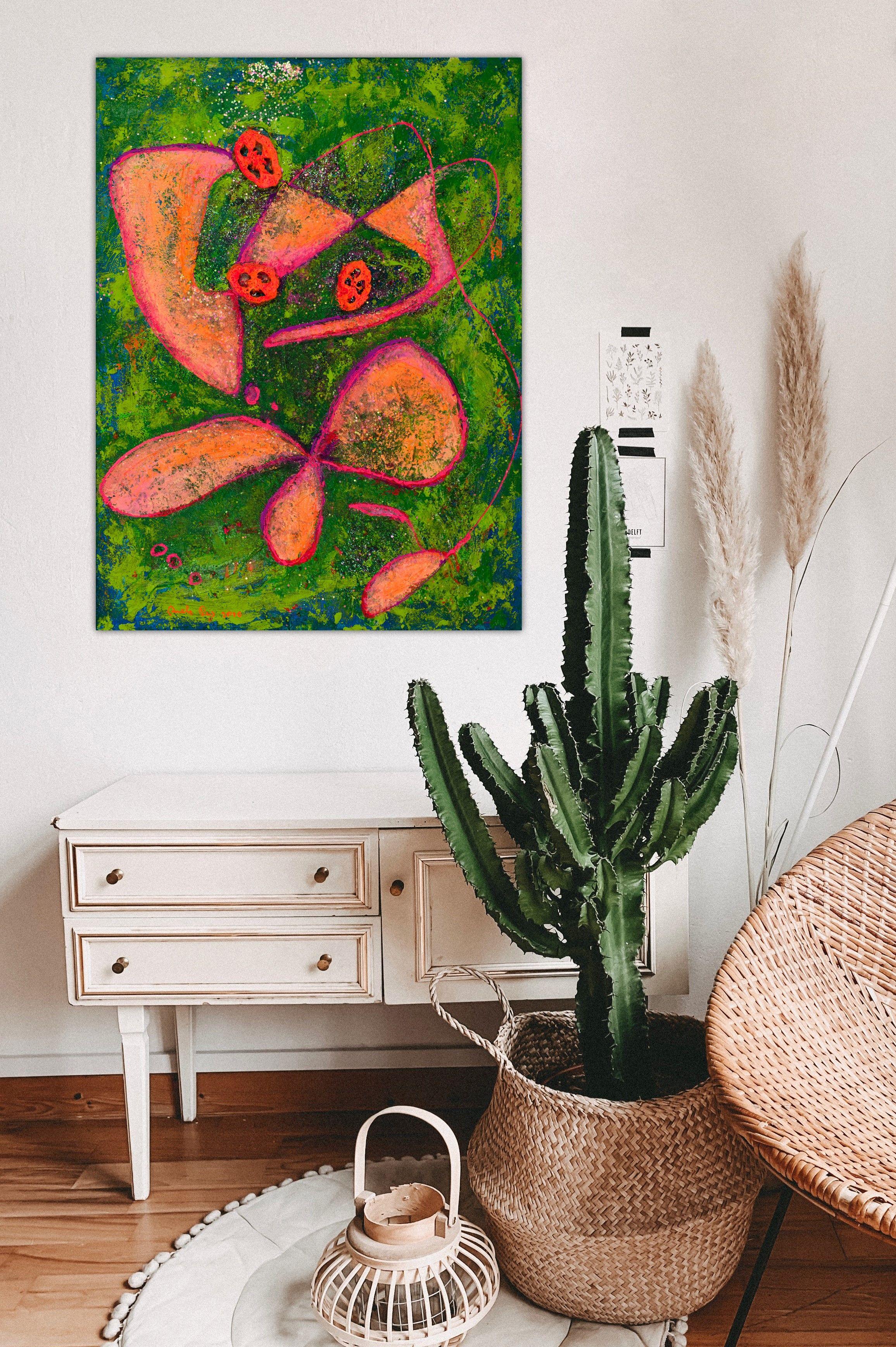 This is acrylic and glitter painting on high quality linen and custom made canvas. The style is defined by sculptural use of paint. It is 3-D, built-up mixture of many layers of thick gesso, paint, sand and other materials. Finished with a glaze of