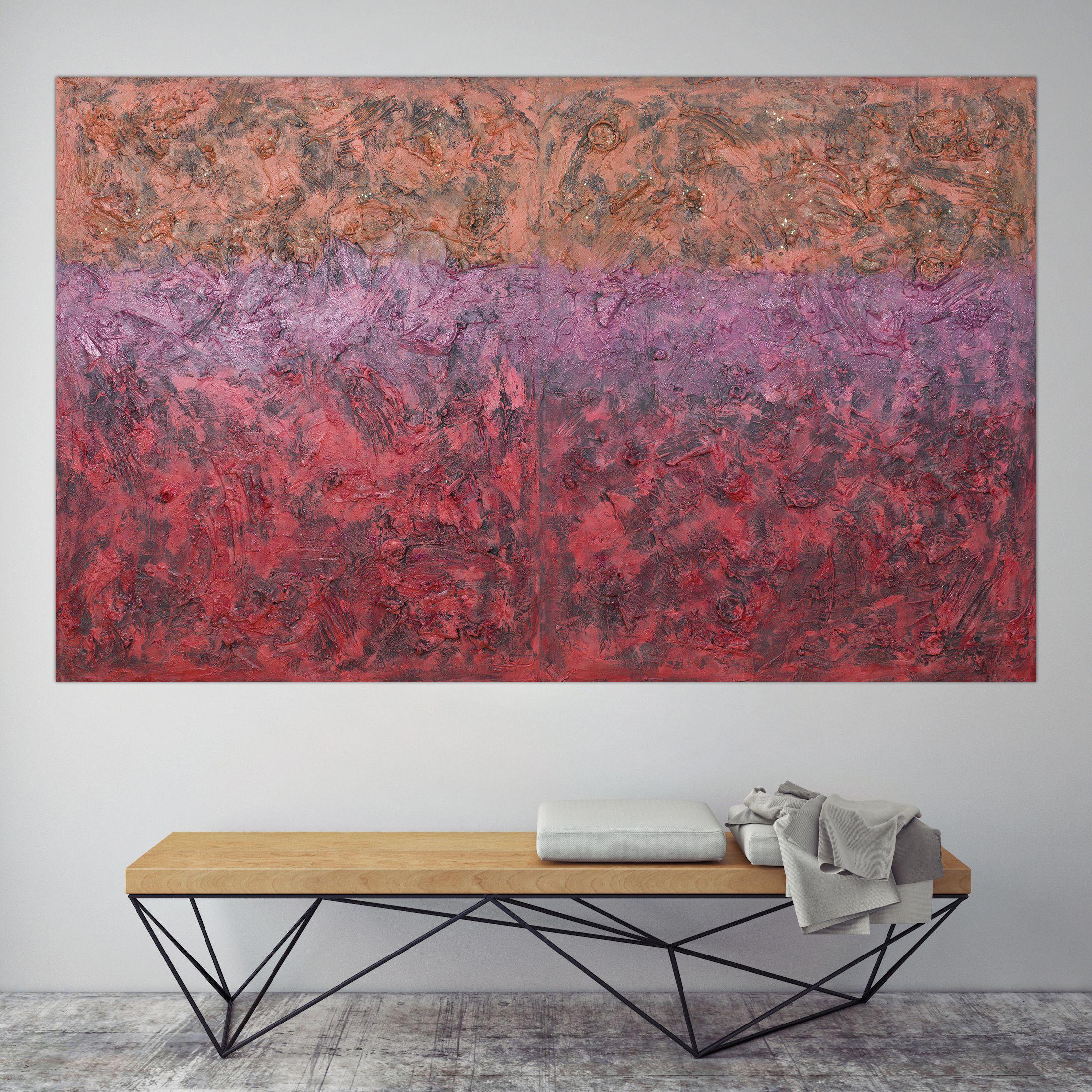Esto es pintura acrílica y objetos sobre lino de alta calidad y lienzo hecho a medida. El estilo se define por el uso escultural de la pintura. Es una mezcla tridimensional de muchas capas de gesso grueso, pintura, arena y otros materiales. Acabado