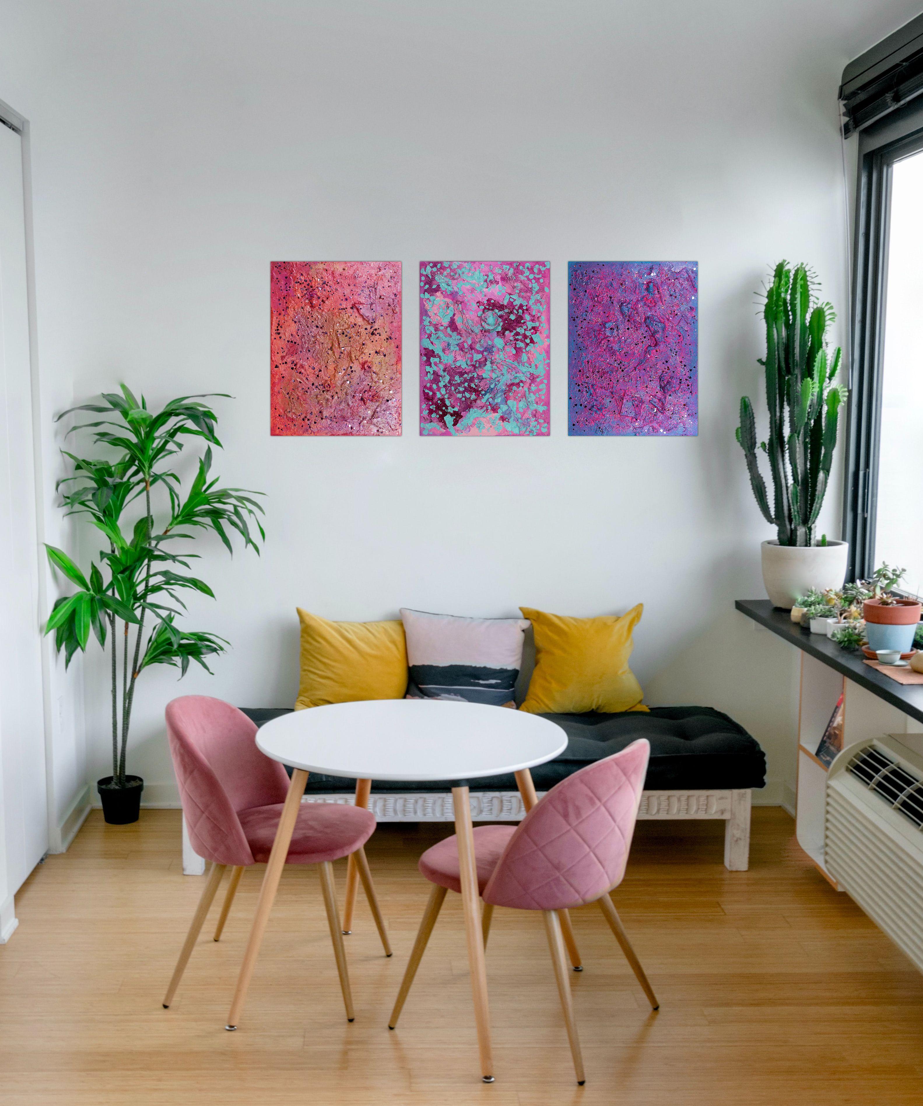 These are three paintings, sold together in a triptych series titled 'Pink Obsessed'. This is the acrylic and objects painting on canvas. The style is defined by sculptural use of paint. It is 3-D, built-up mixture of many layers of thick gesso,