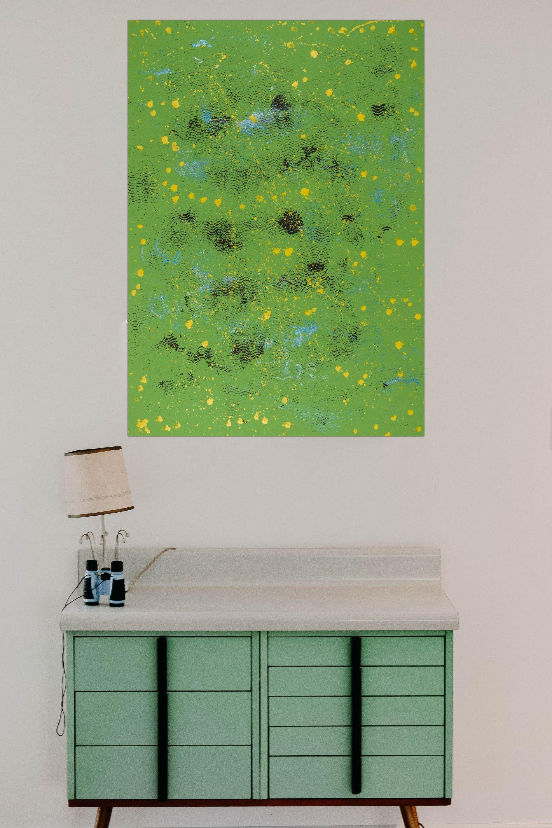 Se trata de una pintura acrílica sobre papel verde. Este trabajo muestra las ondas geométricas.  Acabado con una capa de fijador para protegerlo de la luz solar y del polvo.  Los colores pueden parecer un poco diferentes según la pantalla.  Esta