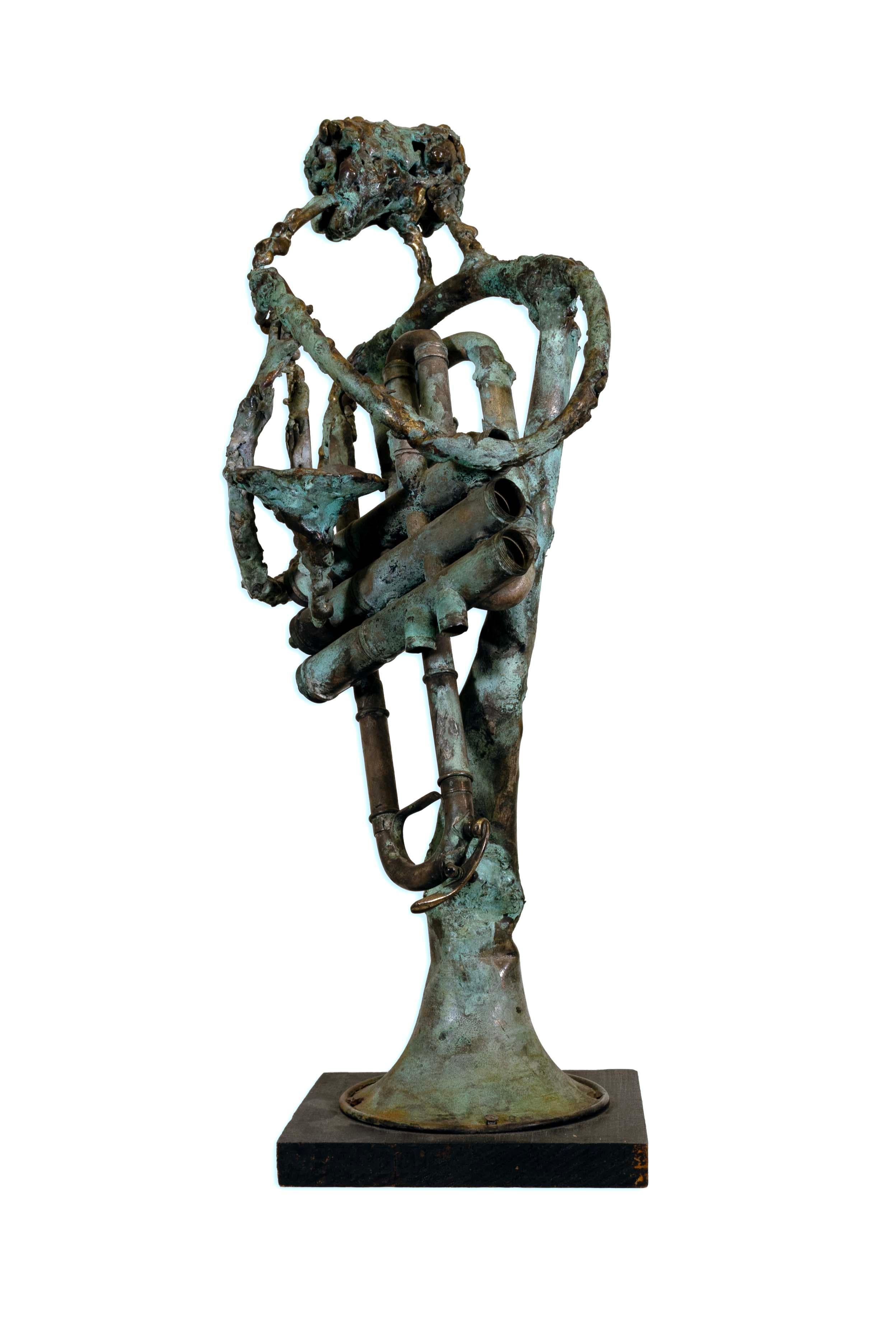 A modern brutalist bronze sculpture depicting a trumpet and musician figure by Detroit artist Pamela Stump Walsh. Signed on bottom and noted 