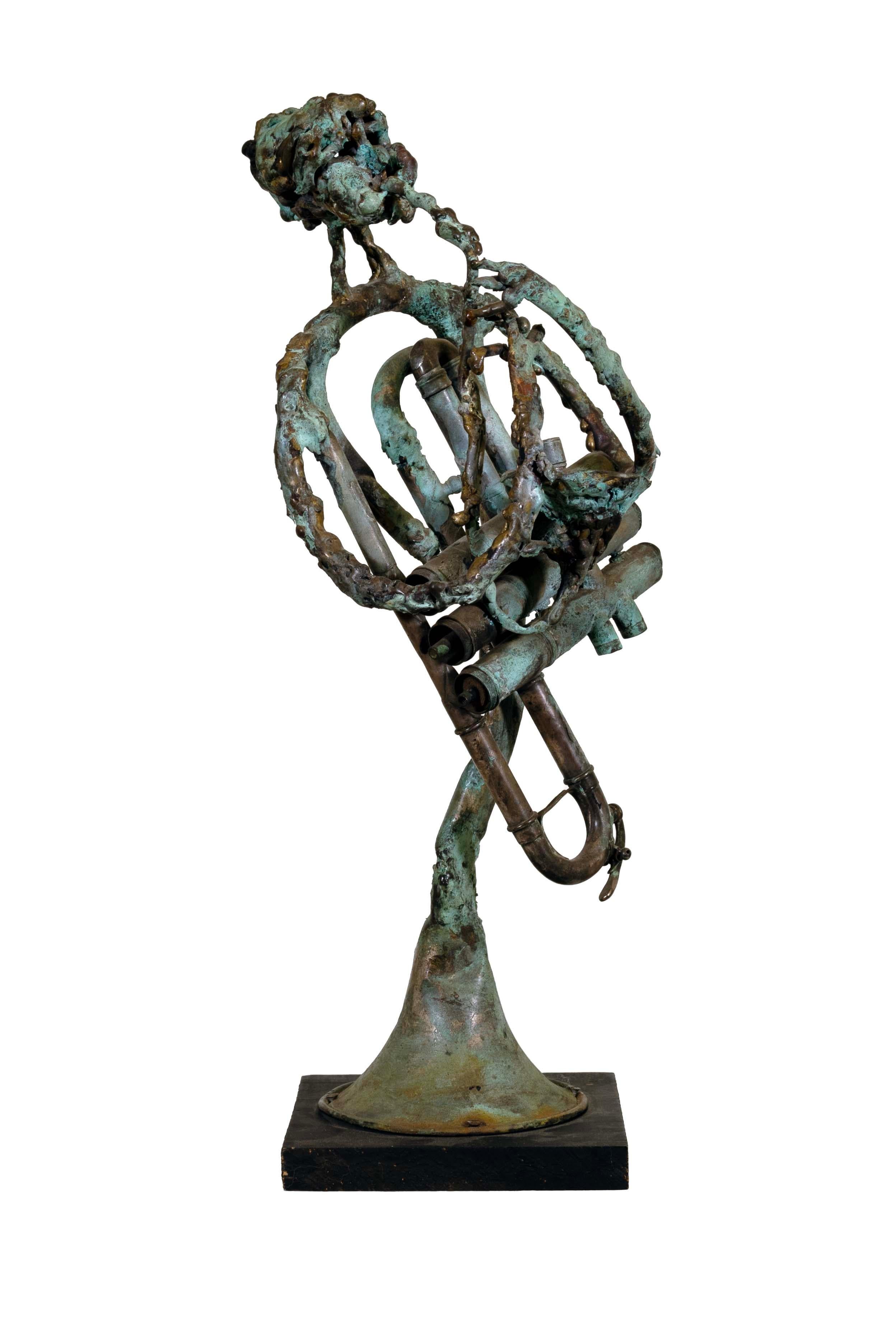 American Pamela Stump Walsh Signed Brutalist Modern Trumpet Musician Sculpture Cranbrook