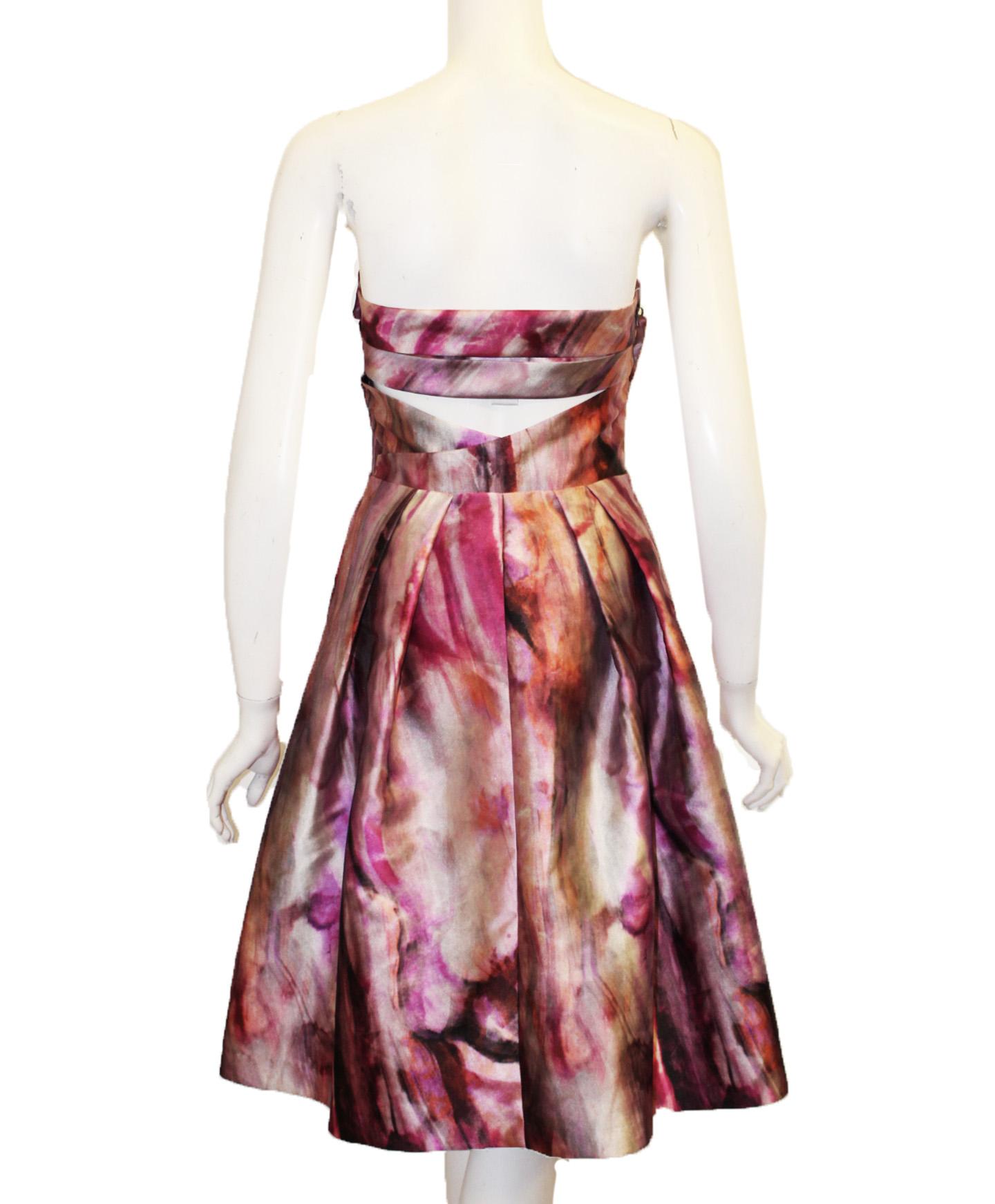 Purple Pamella Roland Abstract Floral Design in Pink & Lavender Strapless Dress For Sale