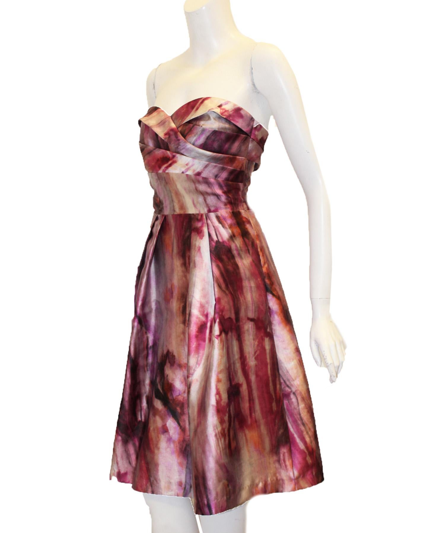Pamella Roland Abstract Floral Design in Pink & Lavender Strapless Dress In Excellent Condition For Sale In Palm Beach, FL