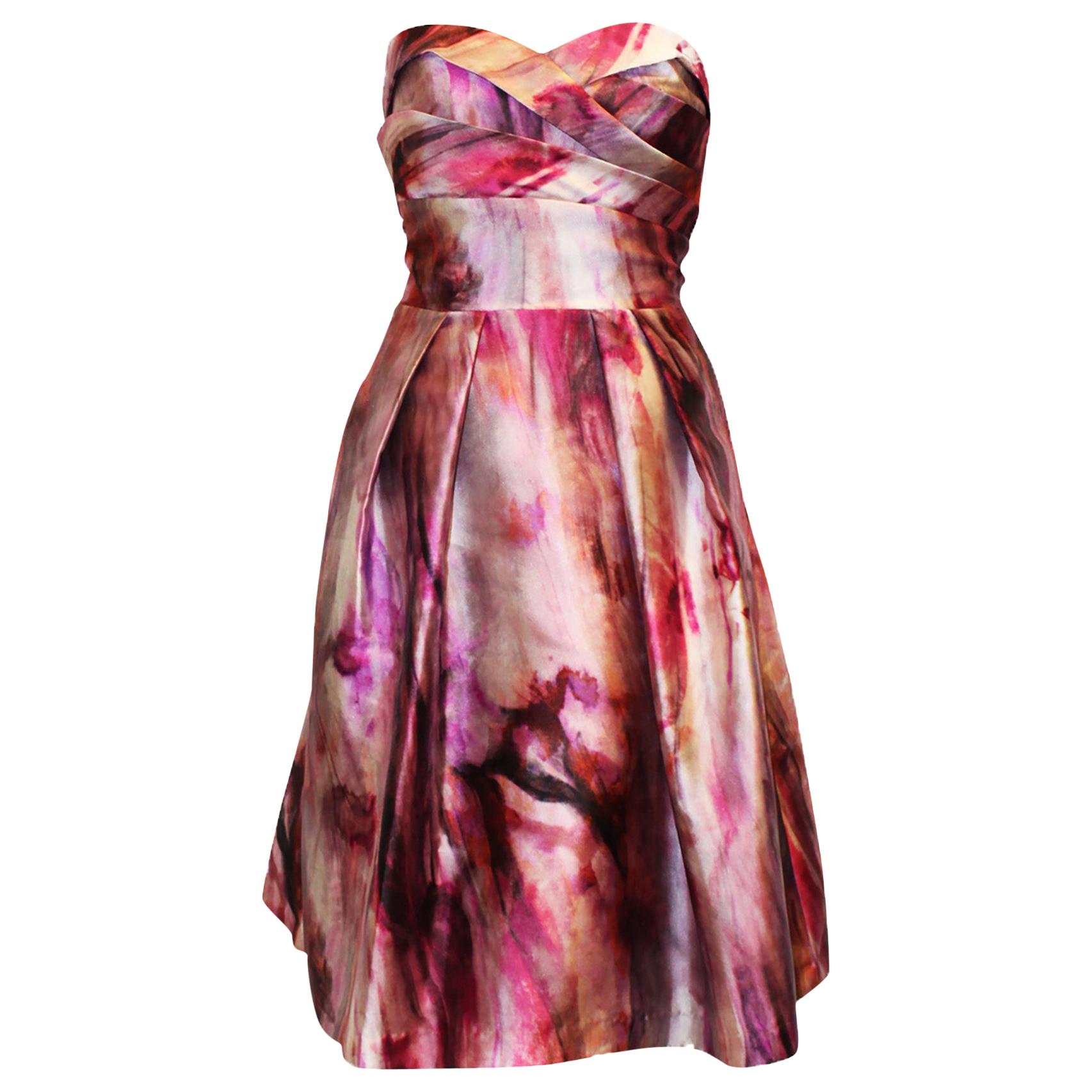Pamella Roland Abstract Floral Design in Pink & Lavender Strapless Dress For Sale