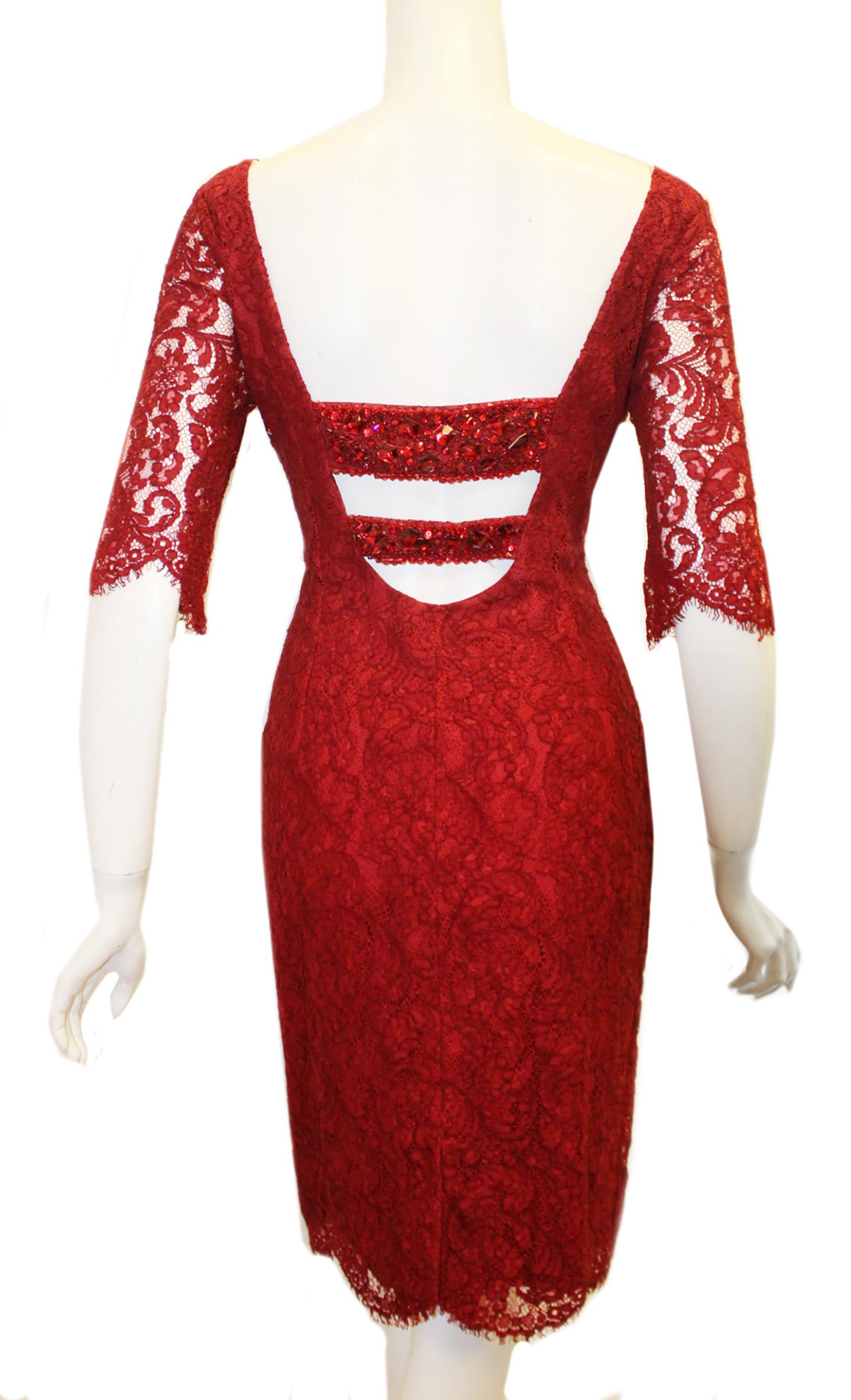 Red Pamella Roland Ruby Lace Scalloped Sleeves and Hem For Sale