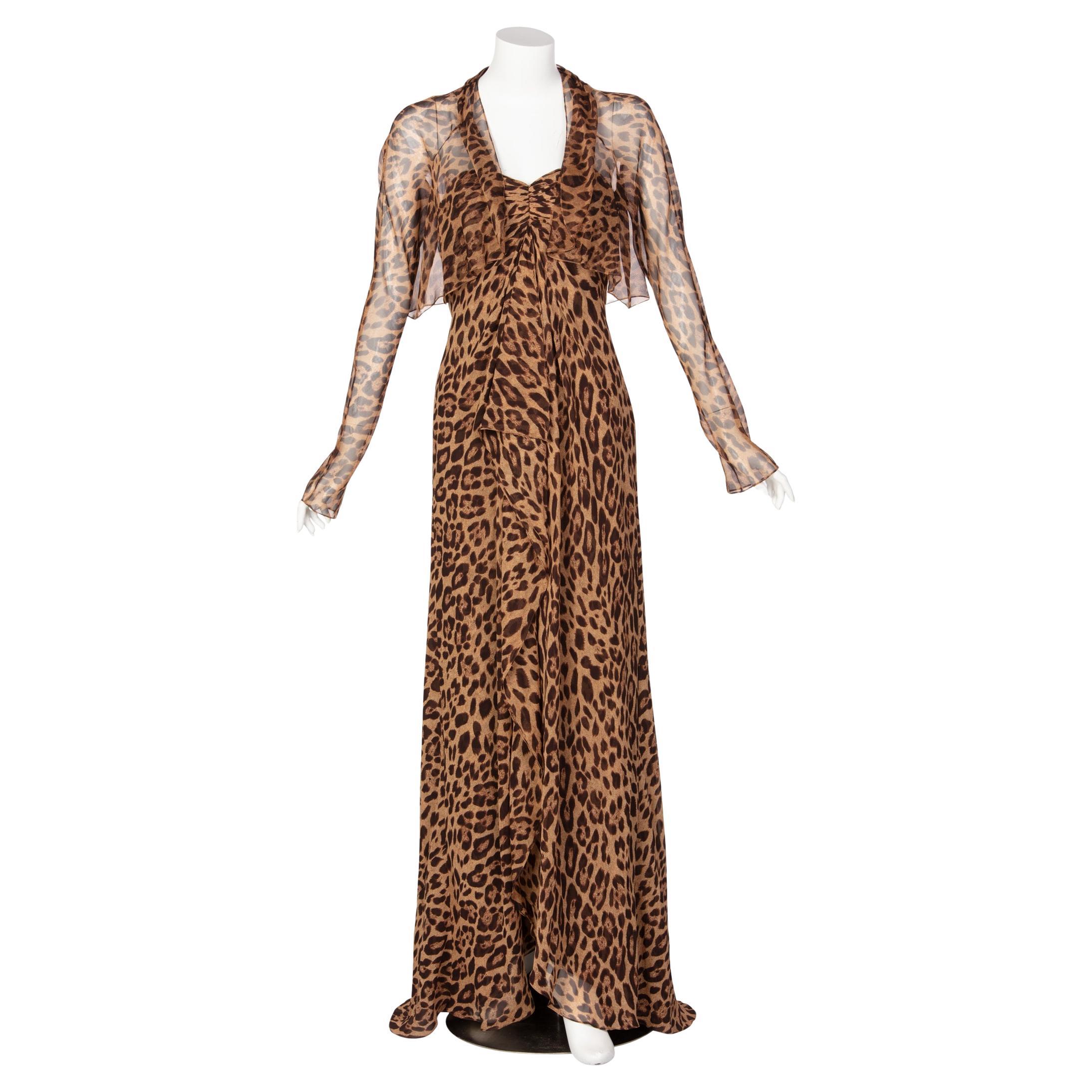 Pamella Roland Vestido de noche sin tirantes y chaqueta de seda con estampado de leopardo
