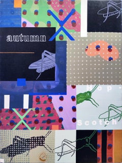 Autumn Hop Scotch, Mixed Media Painting, Black, Blue, Green, Red "In Stock" (en stock)