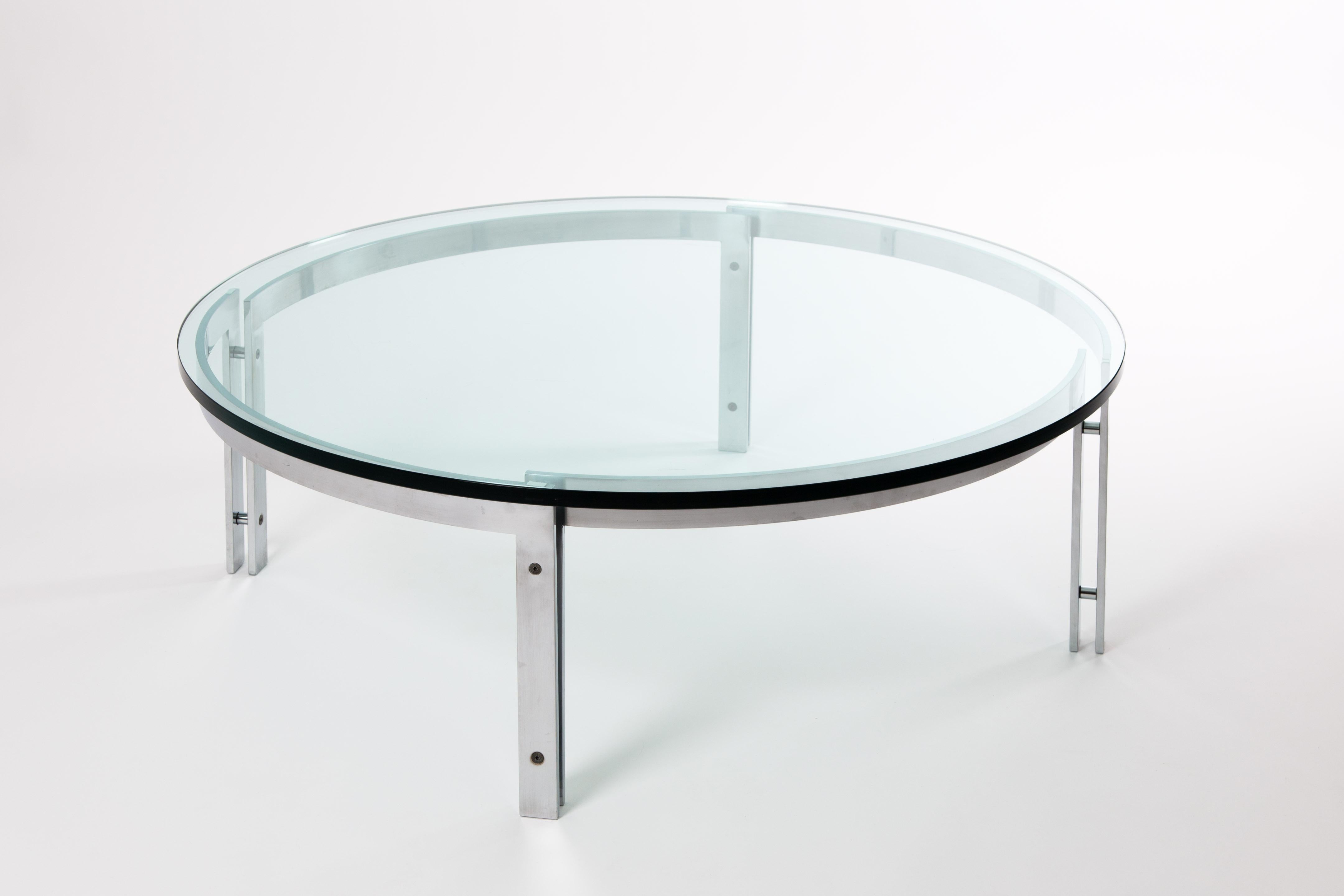 Industrial Metaform Round Glass Table with Steel Frame in the Style of Kjaerholm
