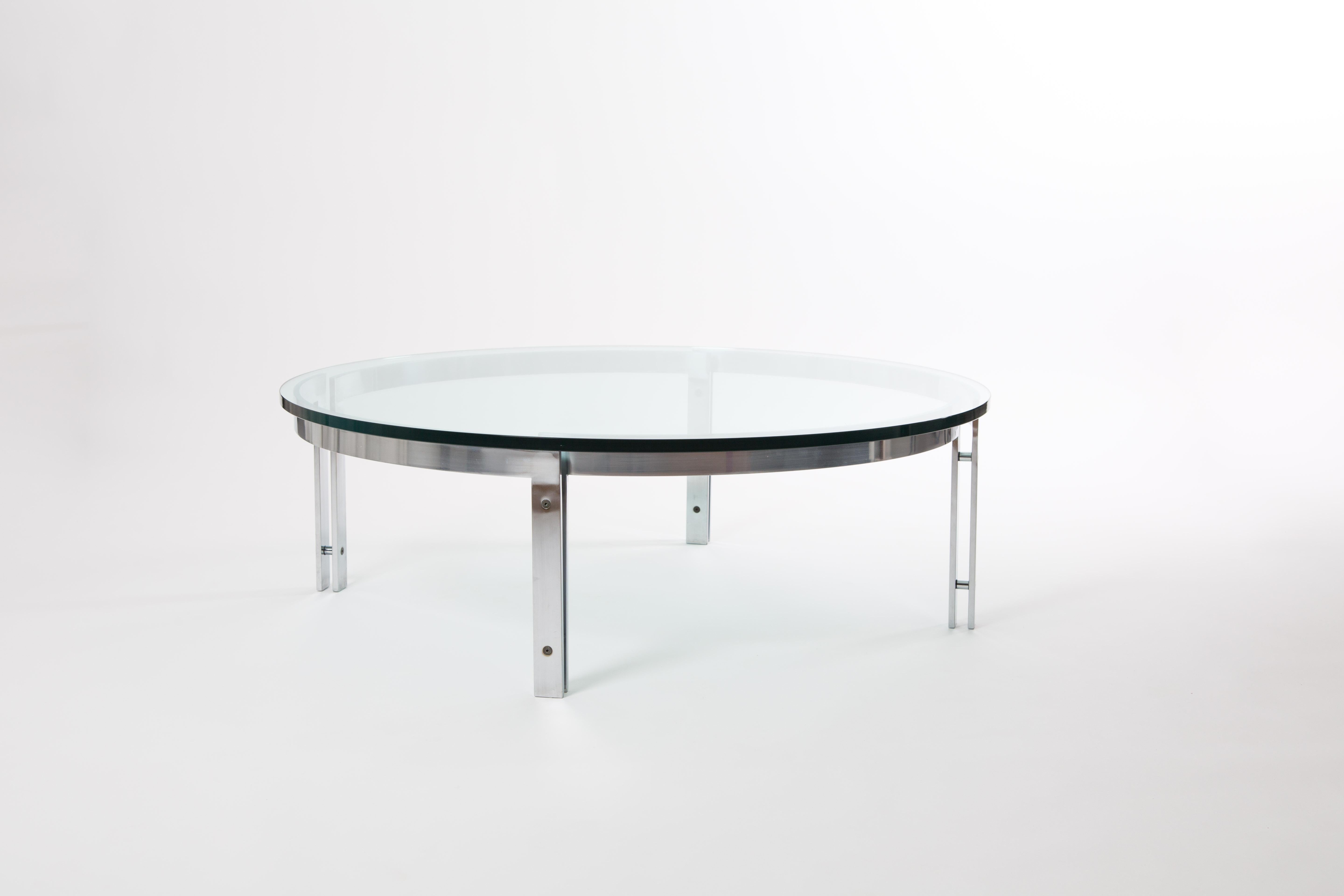 Dutch Metaform Round Glass Table with Steel Frame in the Style of Kjaerholm
