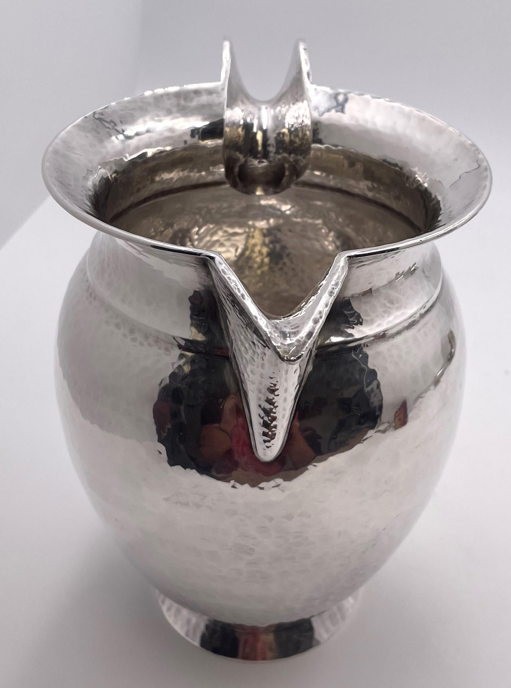 Italian Pampaloni Sterling Silver Hammered Pitcher in Mid-Century Modern Jensen Style For Sale