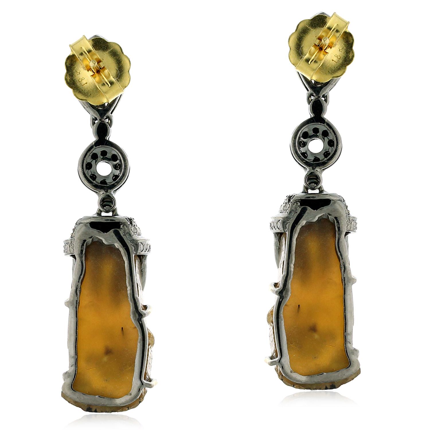 Art Nouveau Pampel Shaped Tourmaline Earring With Pave Diamonds Made In 18k Gold & Silver For Sale
