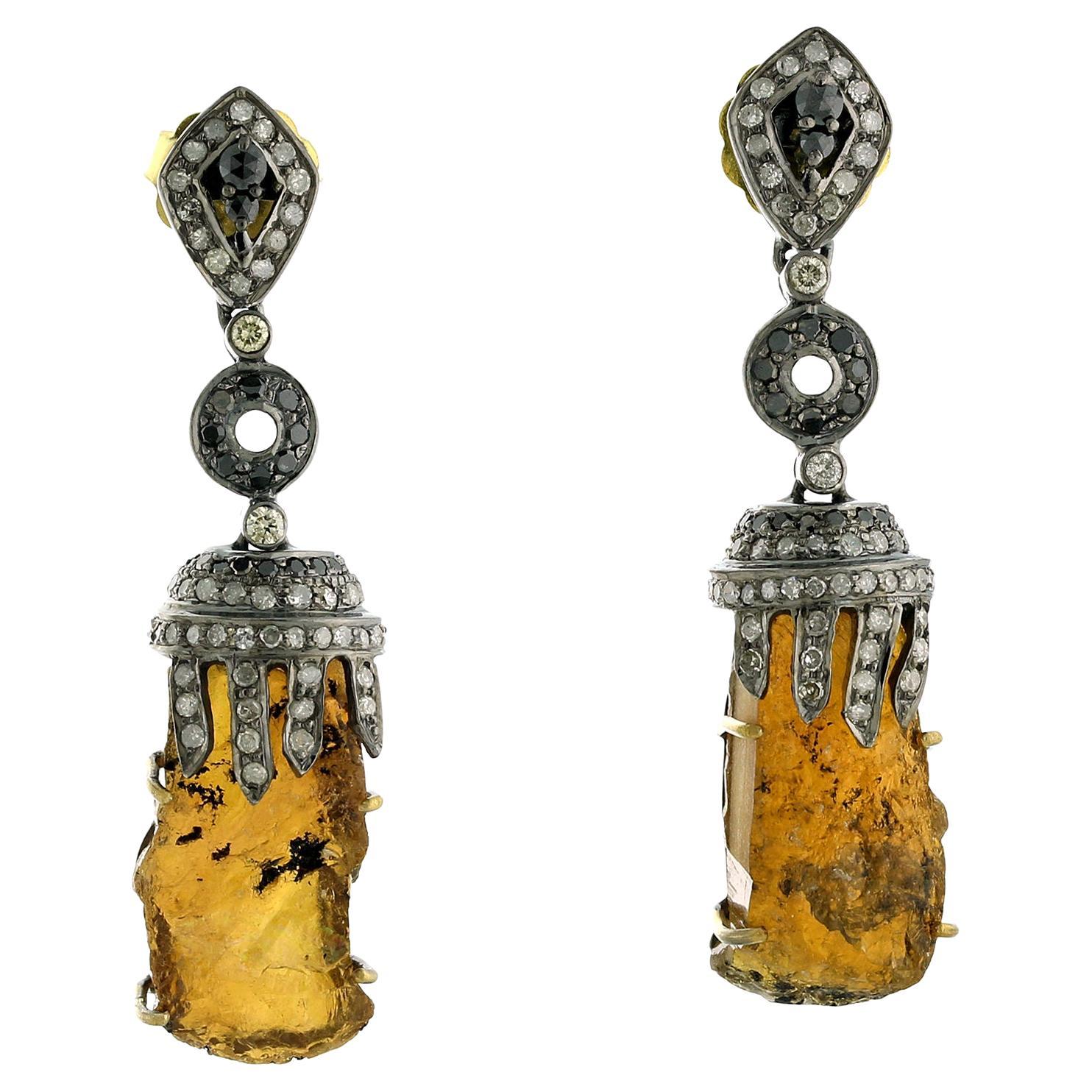 Pampel Shaped Tourmaline Earring With Pave Diamonds Made In 18k Gold & Silver For Sale