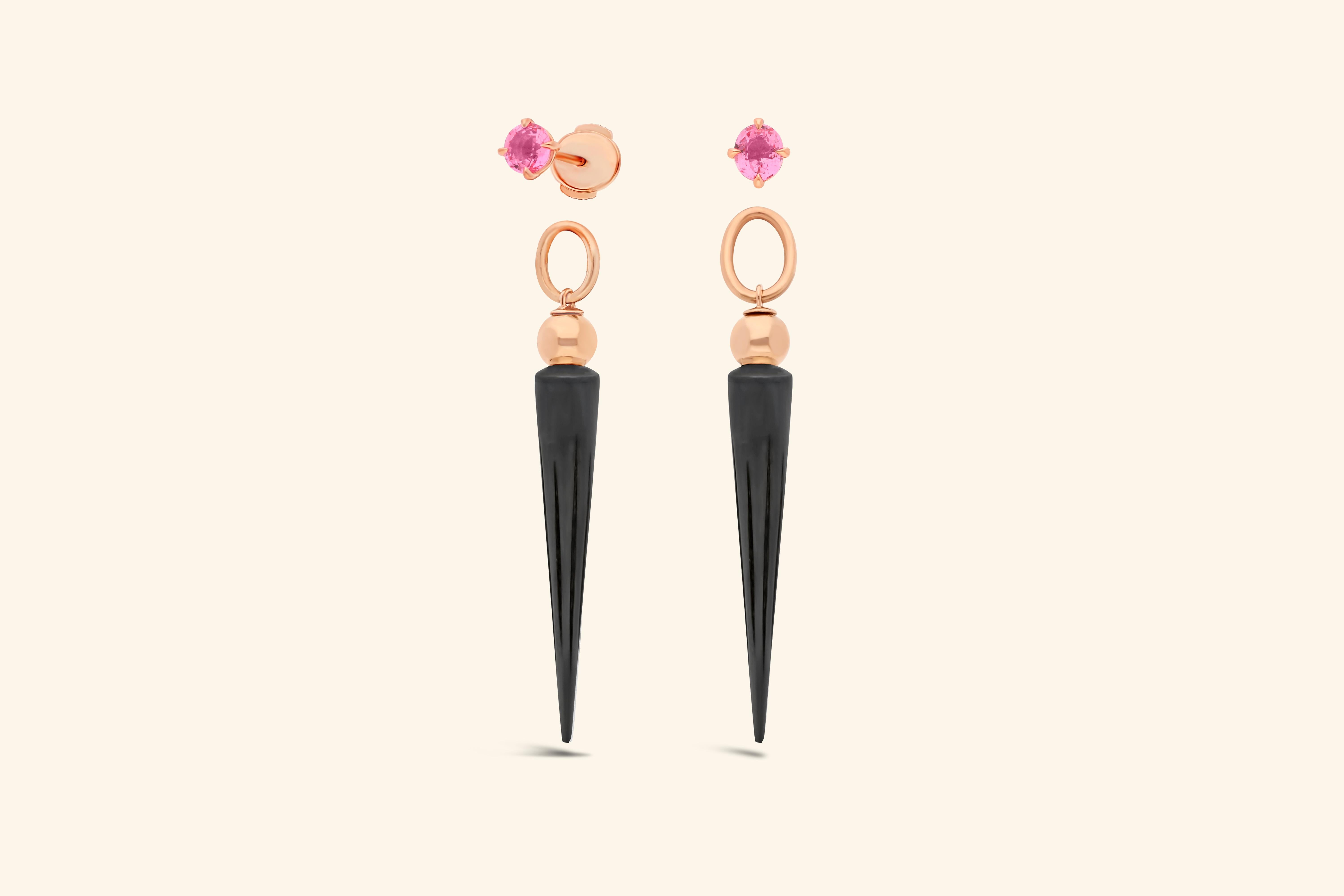 Worn in the ear or as a pendant at the end of a chain. The Pampille, Rouvenat's historic emblem, can be used in the singular or collected in the plural.

Here, the Pampille earrings feature two ~1.21-carat pink spinels, each mounted on a chip. The