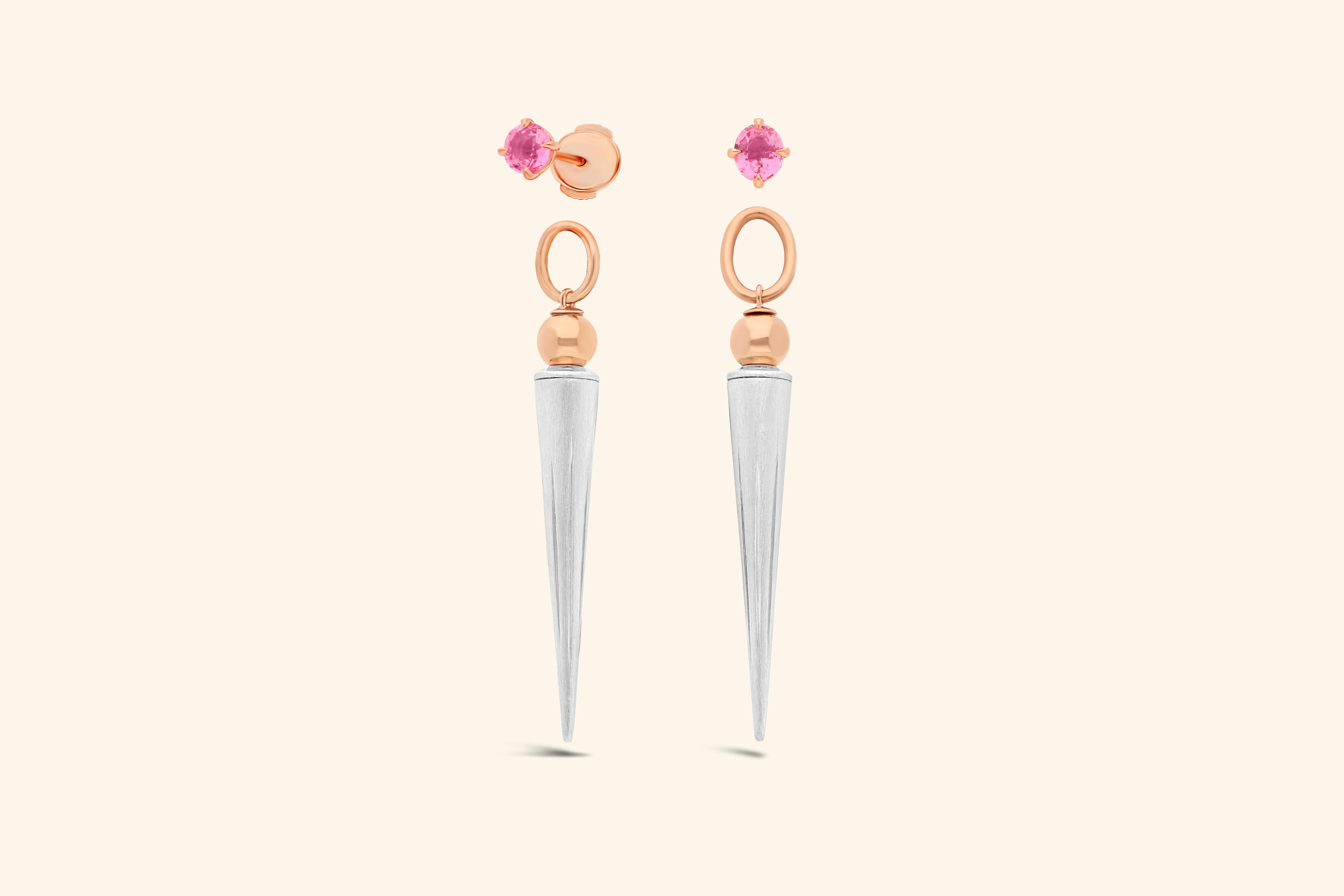 Worn in the ear or as a pendant at the end of a chain. The Pampille, Rouvenat's historic emblem, can be used in the singular or collected in the plural.

Here, the Pampille earrings feature two ~1.21-carat pink spinels, each mounted on a chip. The