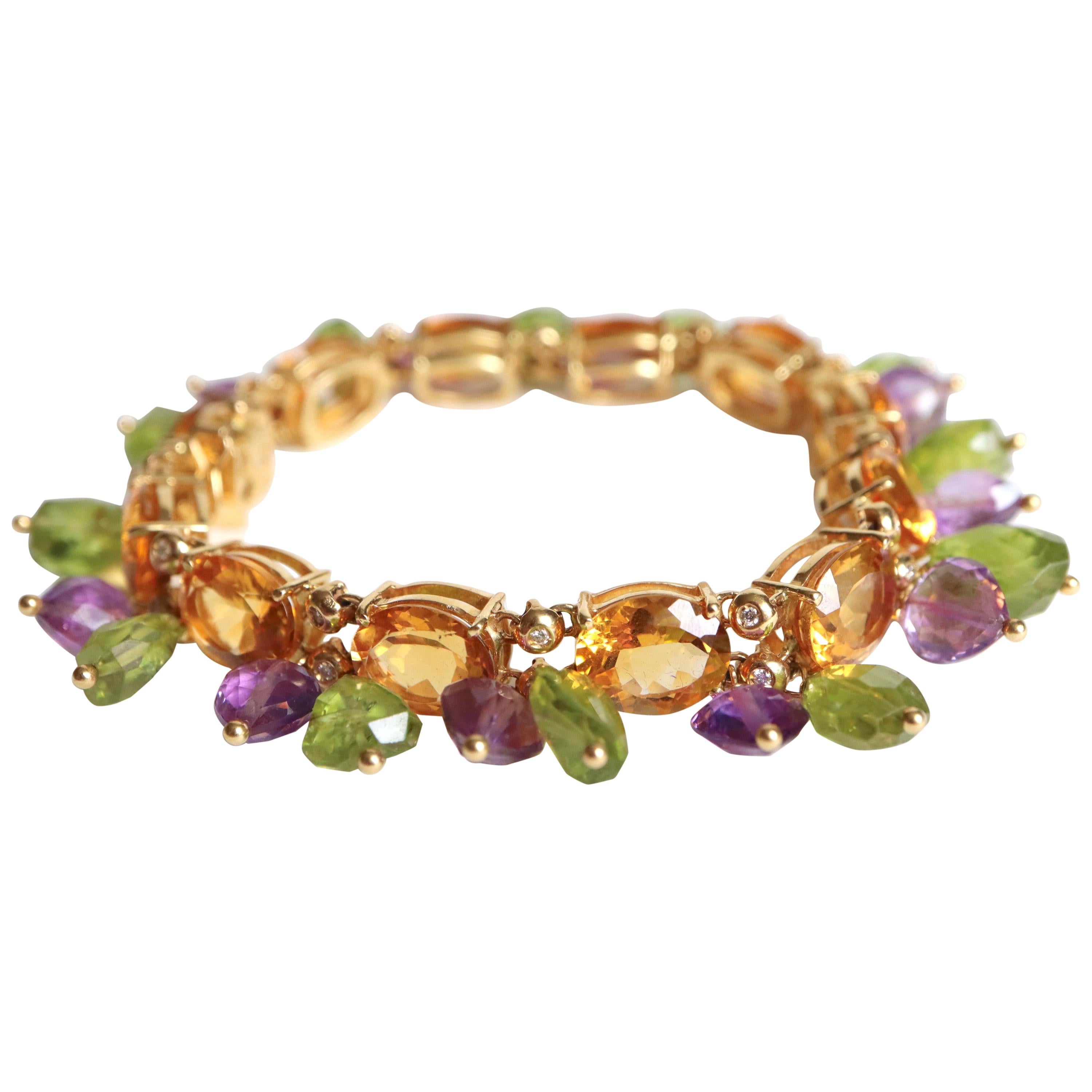 Pampilles Bracelet Yellow Gold 18 Carat Citrines Peridot Amethyst and Diamonds