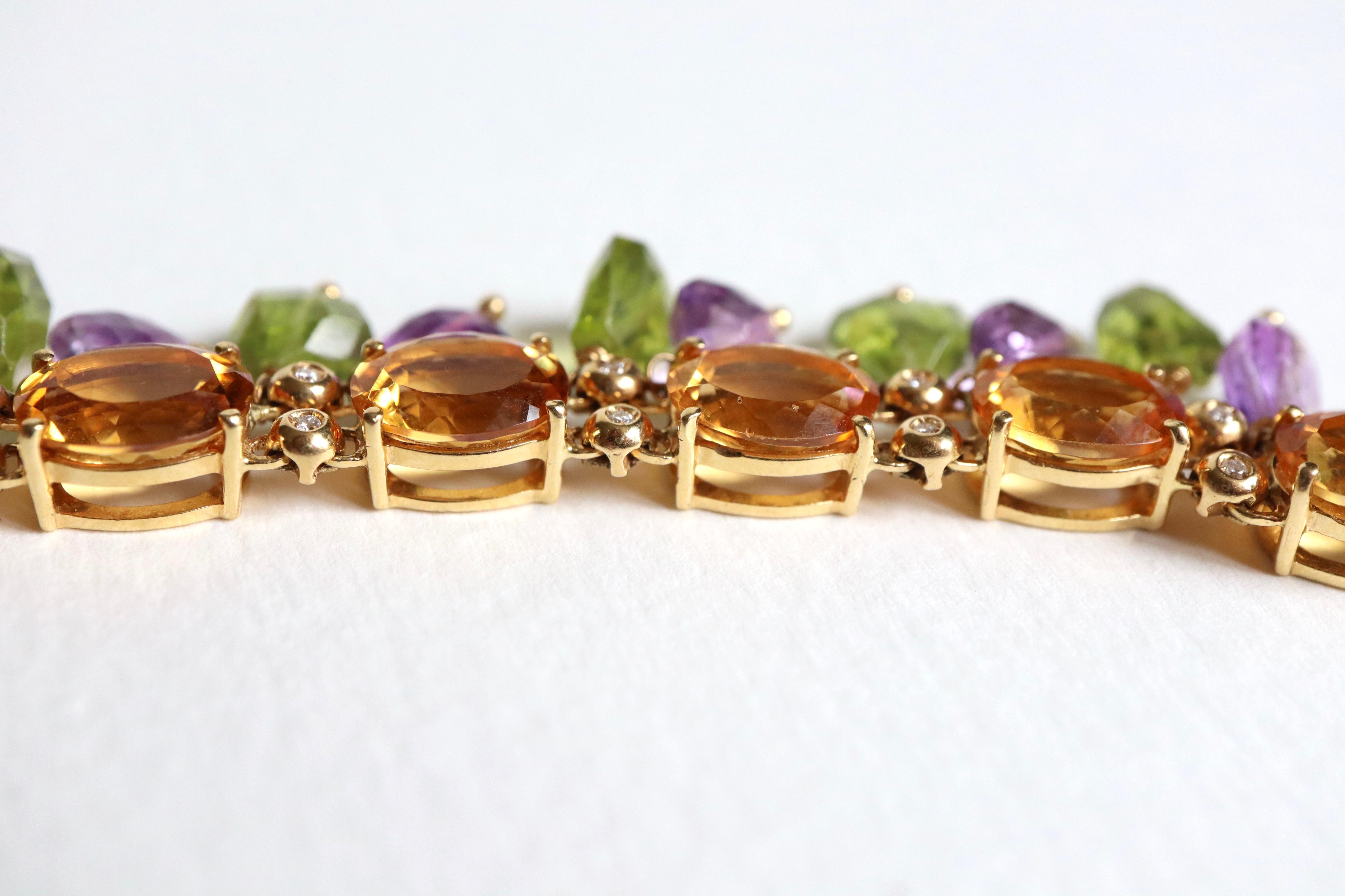 Pampilles Bracelet Yellow Gold 18 Carat Citrines Peridot Amethyst and Diamonds For Sale 1