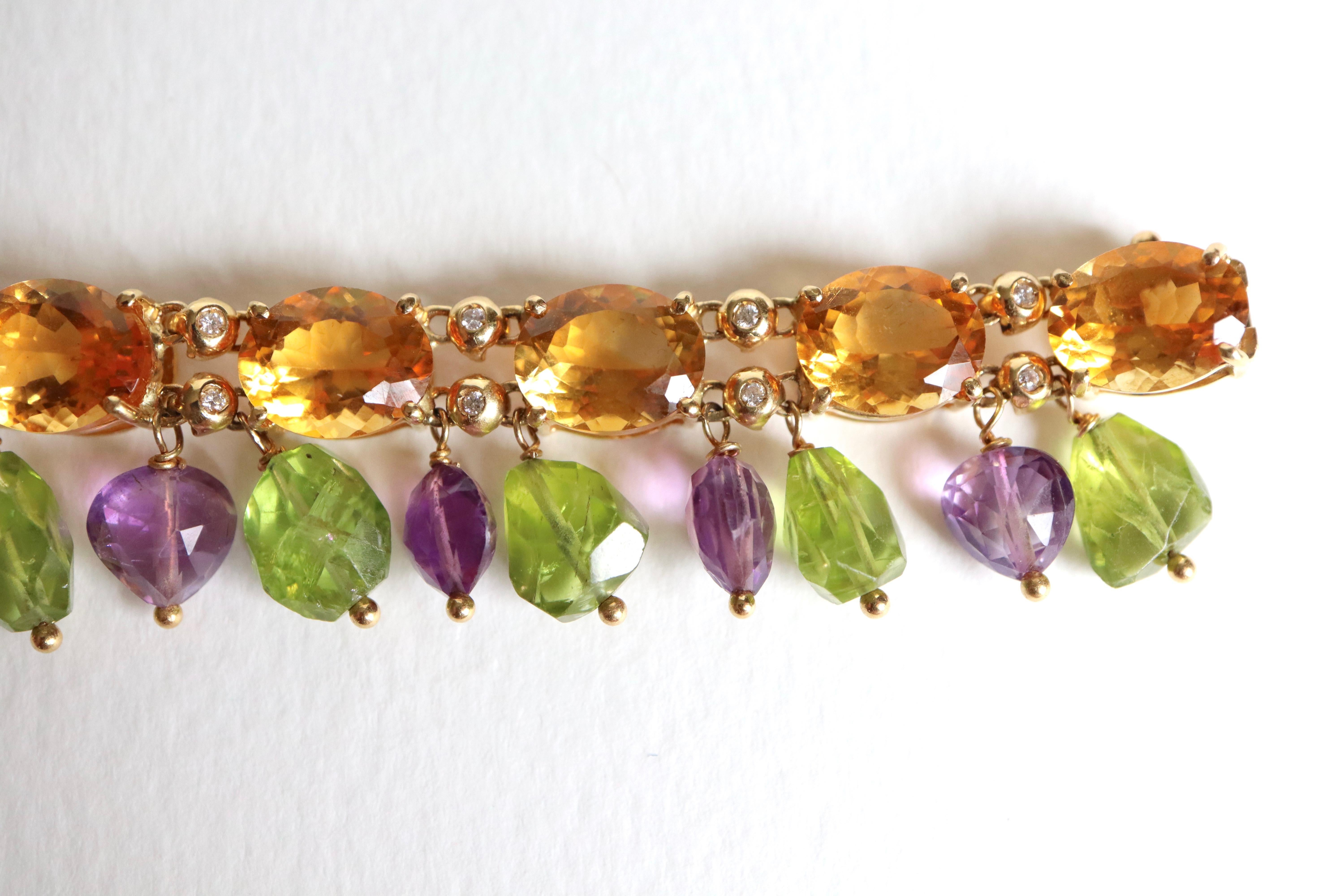 Pampilles Bracelet Yellow Gold 18 Carat Citrines Peridot Amethyst and Diamonds For Sale 2