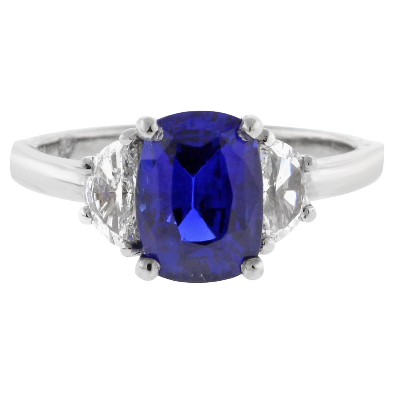 Pampillonia 2.39-Carat No-Heat Sapphire and Half-Moon Diamond Three-Stone Ring