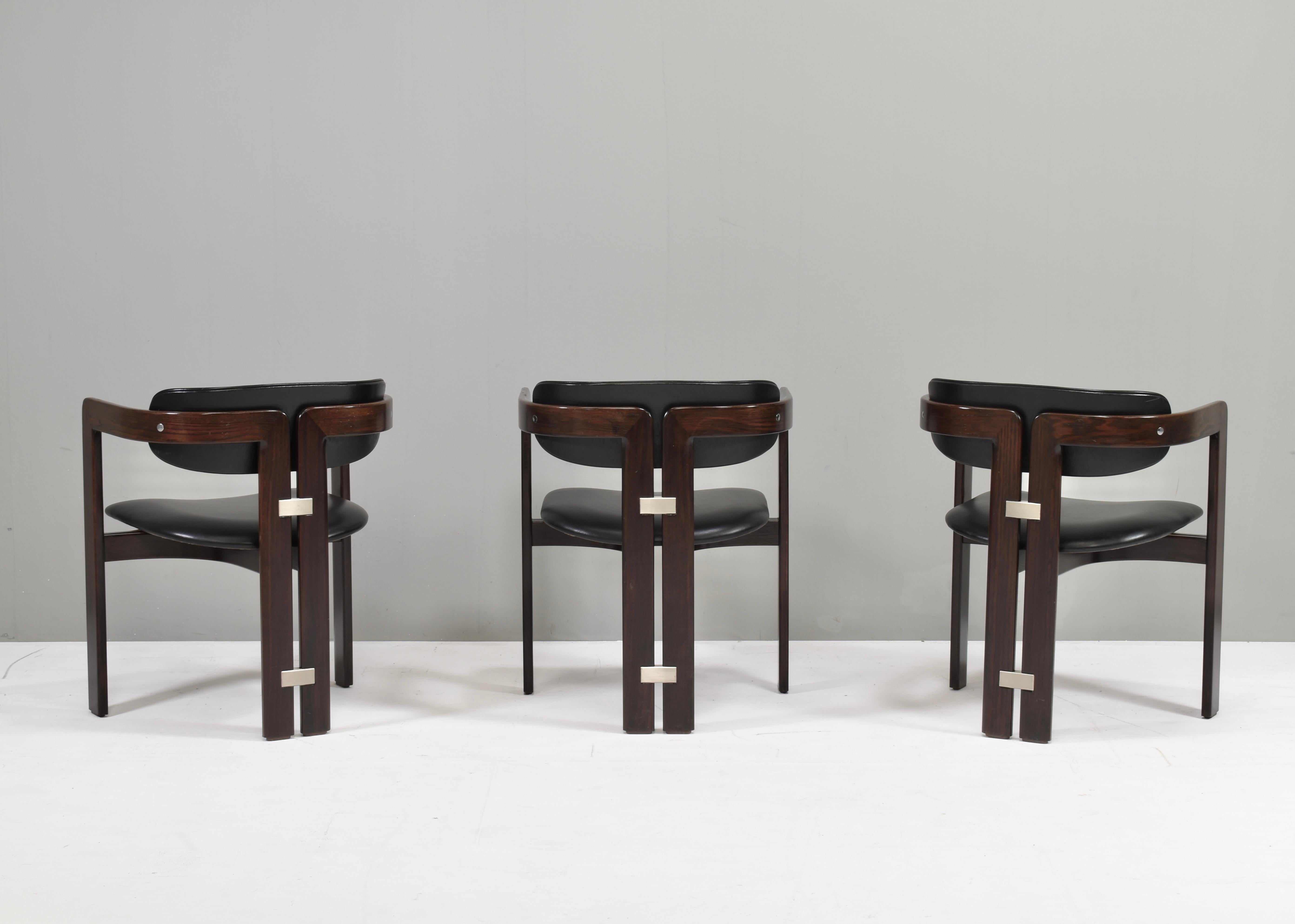 Mid-Century Modern Pamplona Chairs by Augusti Savini in Black Leather - Italy, 1965, Set of 3  For Sale