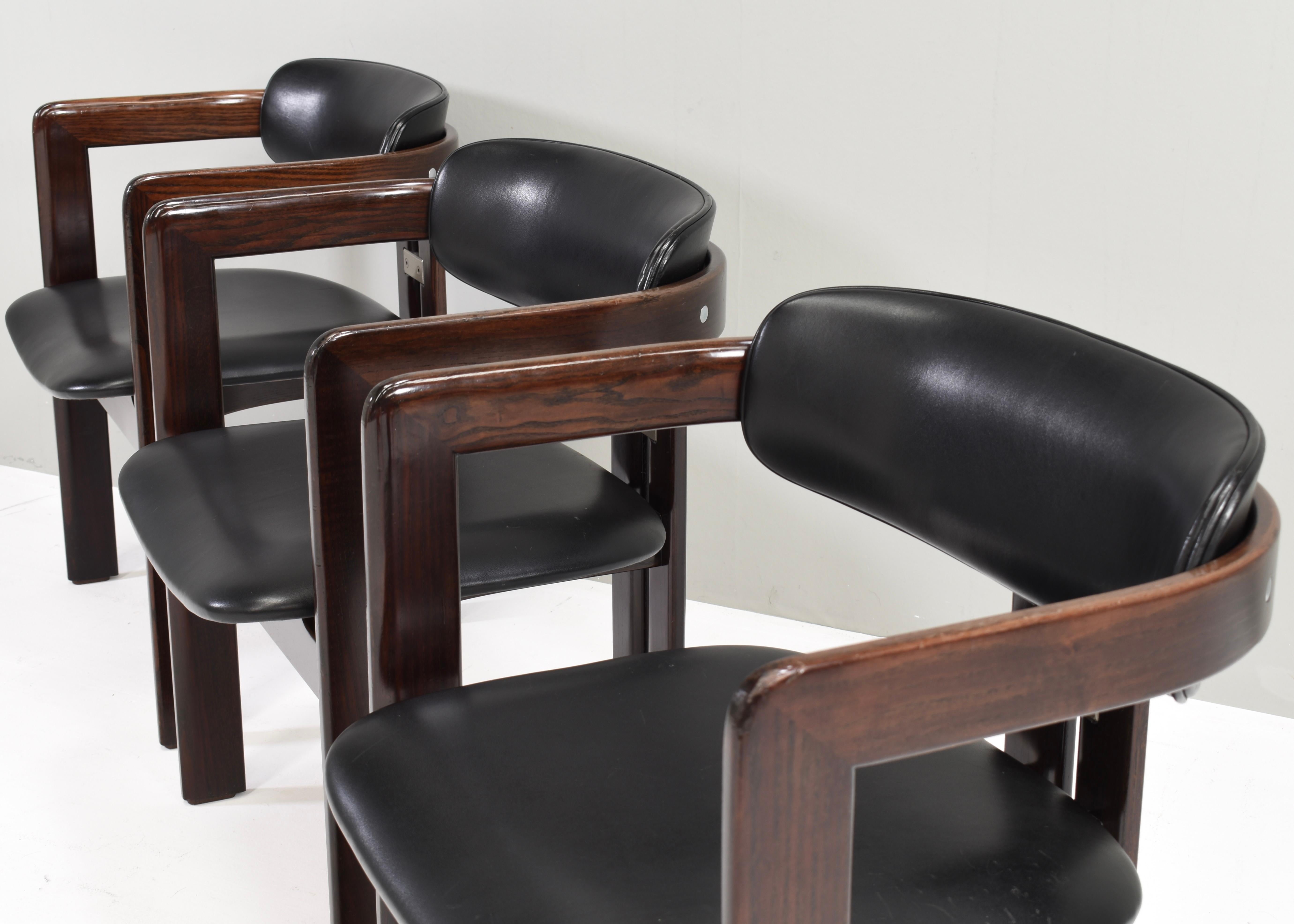 Mid-20th Century Pamplona Chairs by Augusti Savini in Black Leather - Italy, 1965, Set of 3  For Sale