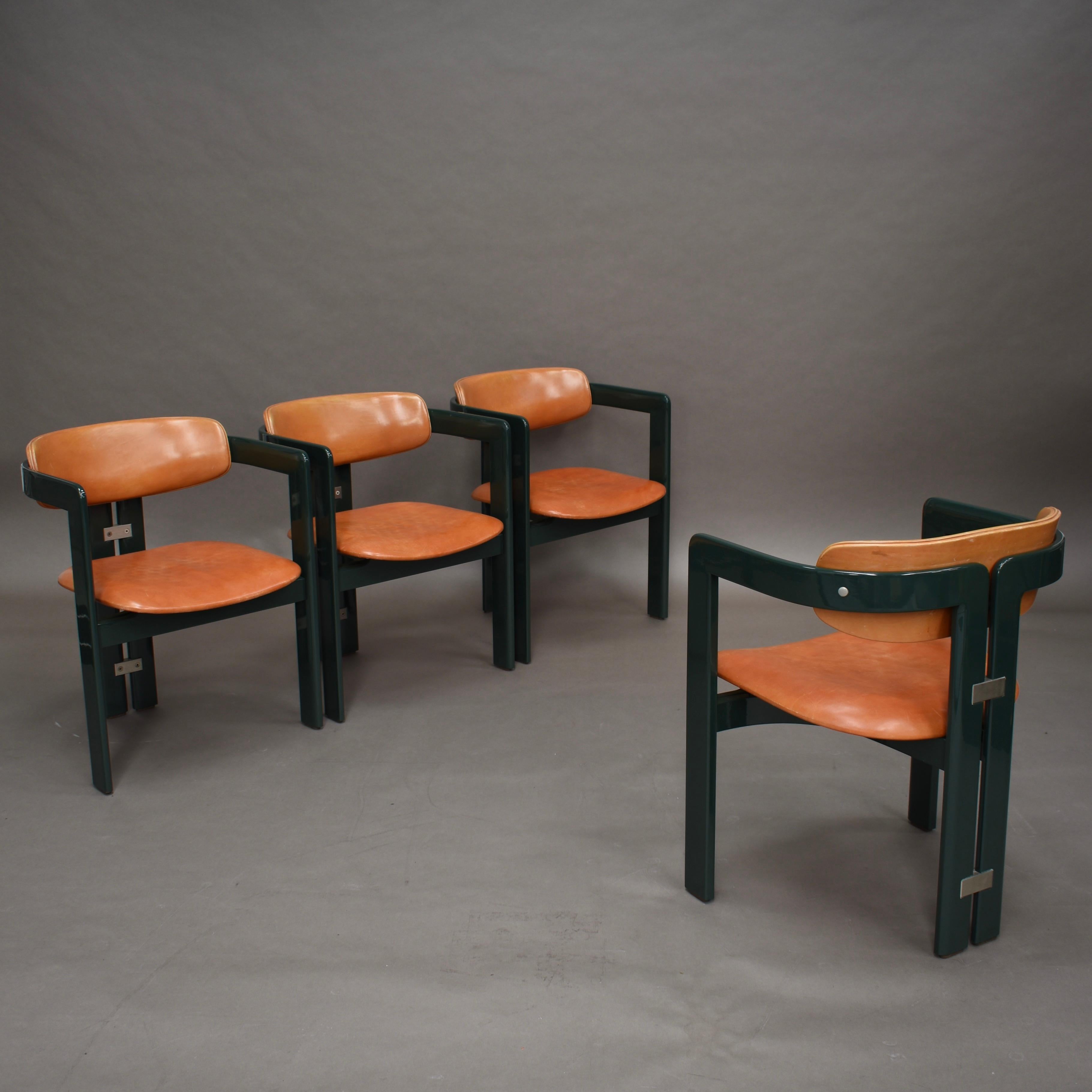 Mid-Century Modern Pamplona Chairs by Augusti Savini in Green and Tan Leather, Italy, 1965