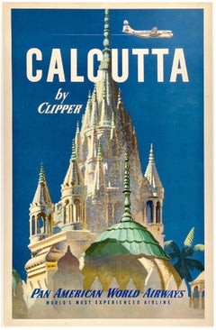 PAN AM CALCUTTA BY CLIPPER Original Vintage Airline Travel India Tourism Poster