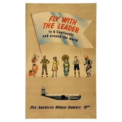 PAN AM CLIPPER FLY WITH THE LEADER – Original-Vintage-Reiseposter einer Fluggesellschaft aus der MCM-Ära