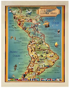 PAN AM ROUTES OF THE FLYING CLIPPER SHIPS Original Vintage Airline Travel Poster