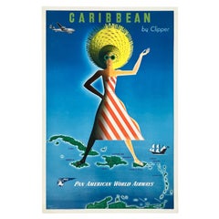 PAN AM WORLD AIRWAYS CARIBBEAN BY CLIPPER Original Vintage Airline Travel Poster