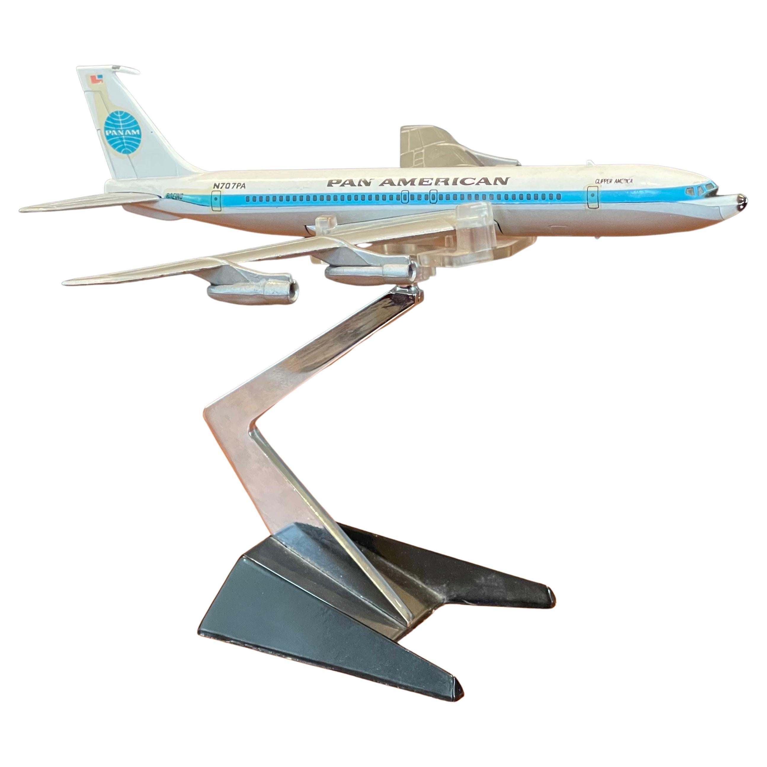 A very cool Pan American Airlines Boeing 707 jetliner / airplane desk model by Aero Mini of Japan, circa 1970s.  The model measures 7.5