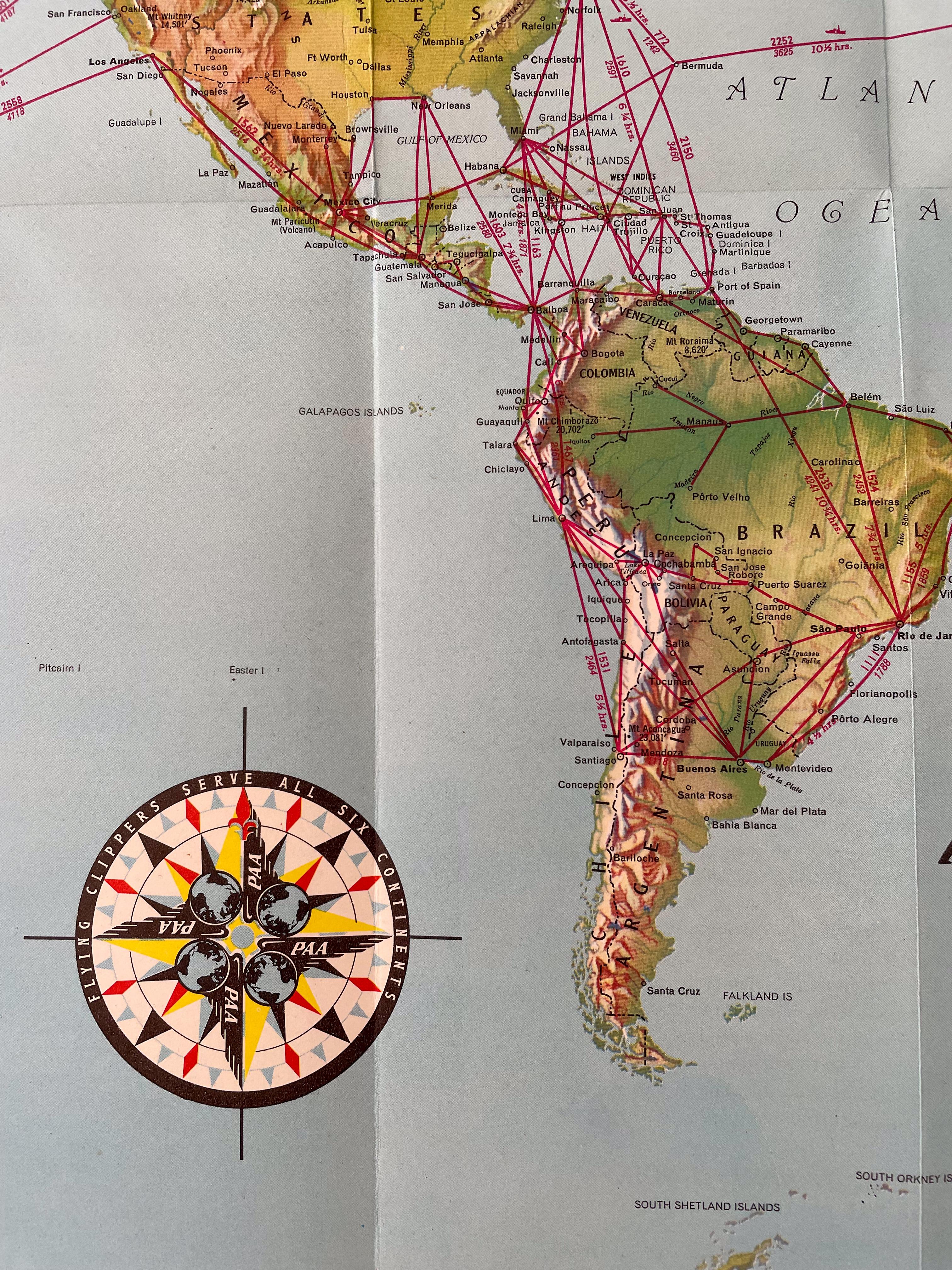 Mid-Century Modern Pan American Airways 1952 World Route Map